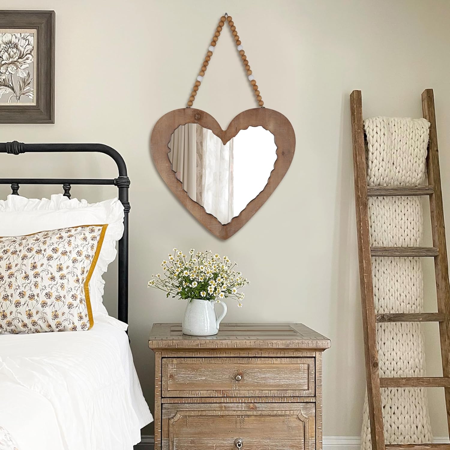 Espejo de corazón con cadena de cuentas para decoración de pared, espejo colgante en forma de corazón de madera, hermoso espejo decorativo rústico