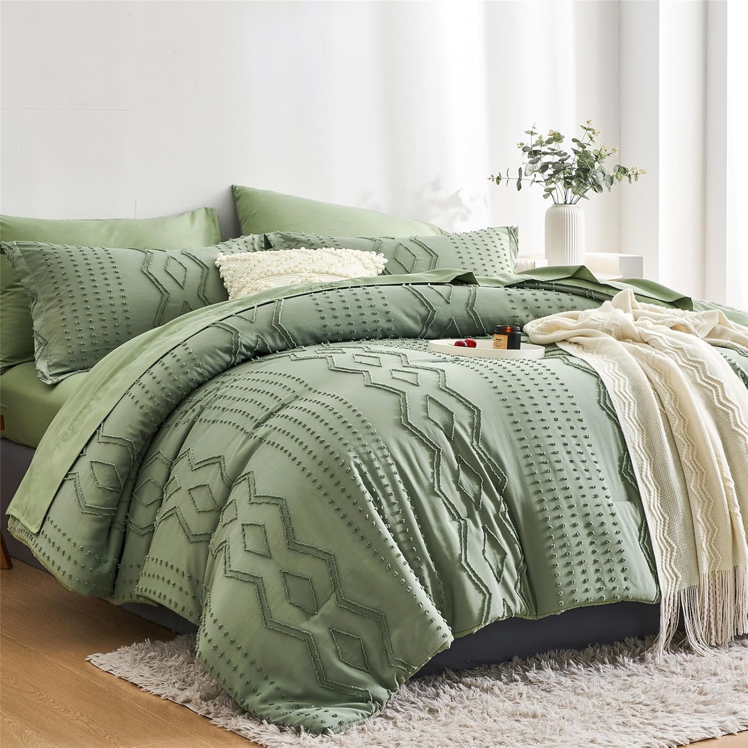 sponwilar Juego de edredón tamaño King de 7 piezas de ropa de cama bohemia en una bolsa, juego de ropa de cama con textura geométrica, juego de ropa