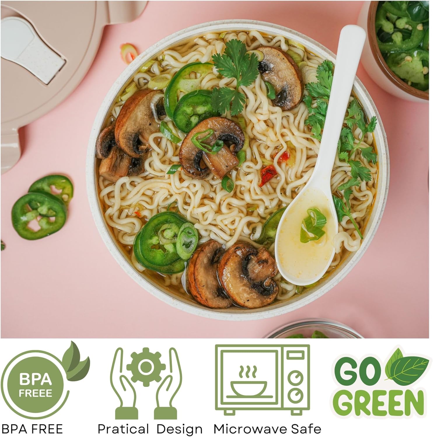 AI LOVE PEACE Recipiente para almuerzo de ramen instantáneo para microondas, popote de trigo con ventilación de liberación de vapor, recipiente