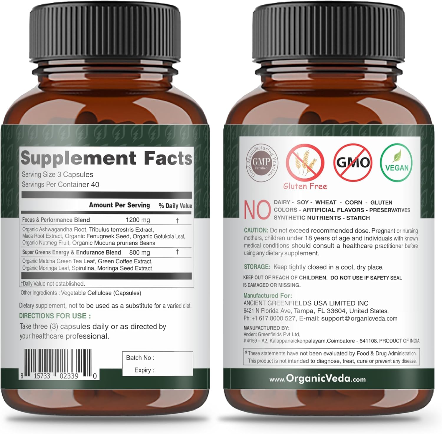 Organic Veda Ashwagandha – Cápsulas de raíz de maca para hombres  Super Greens Energy and Focus with Tribulus Terrestris, fenogreco  Potenciador de