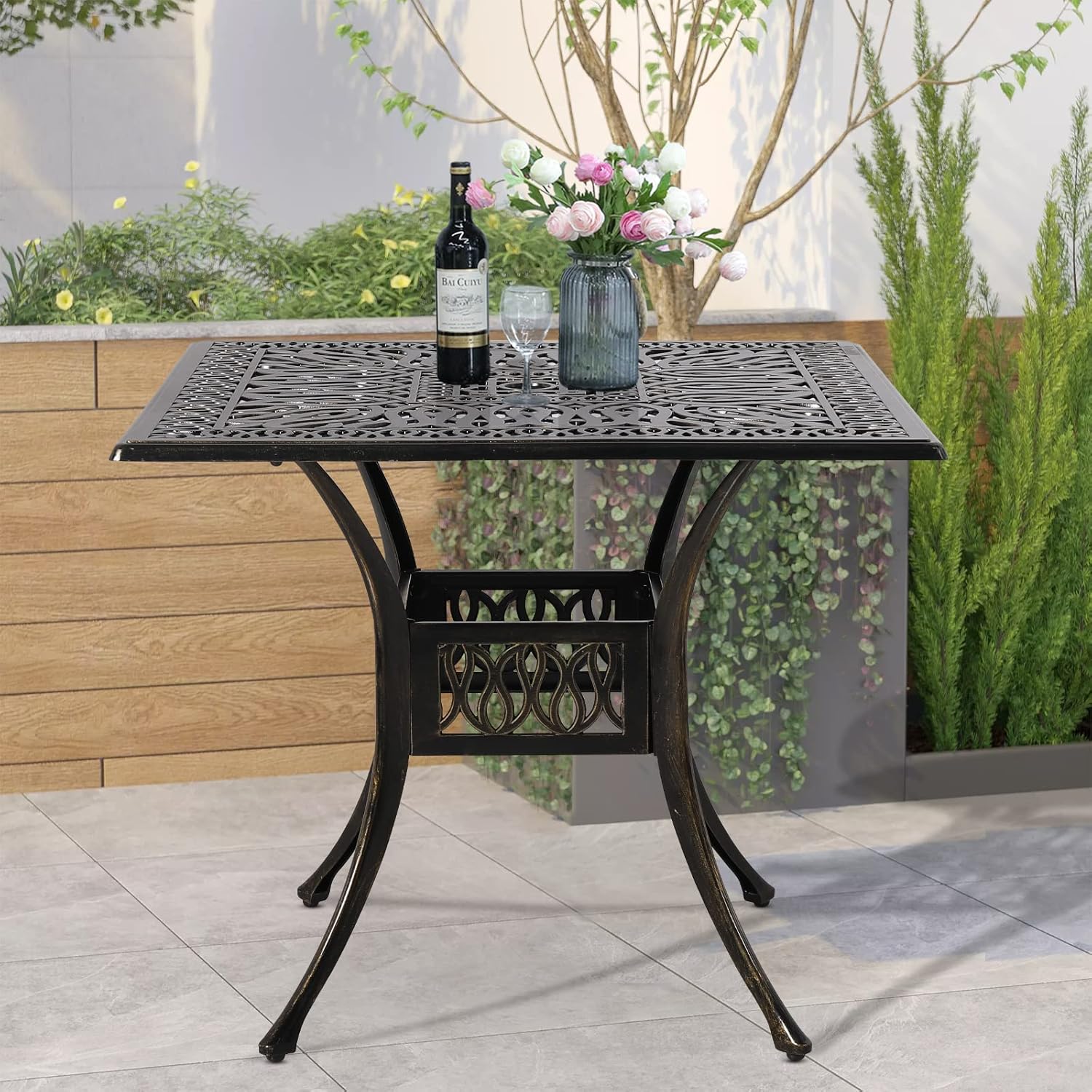 VIVIJASON – Mesa cuadrada de comedor para exteriores (aluminio fundido, tamaño grande, con agujero para paraguas)