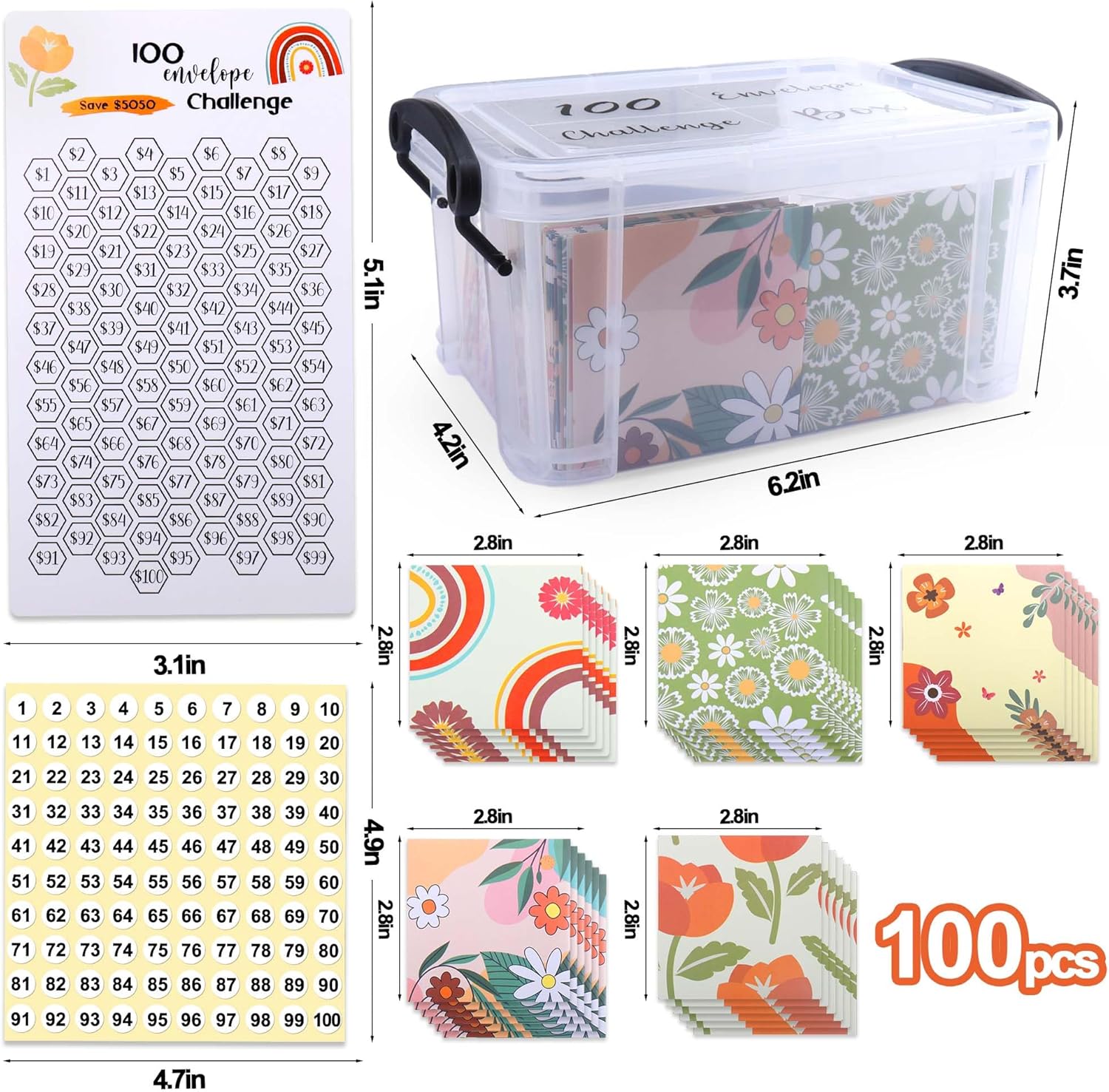 Vodolo Juego de caja de desafío de 100 sobres, almacenamiento de ahorro de dinero, carpeta presupuestaria de ahorro de efectivo, kit de caja de