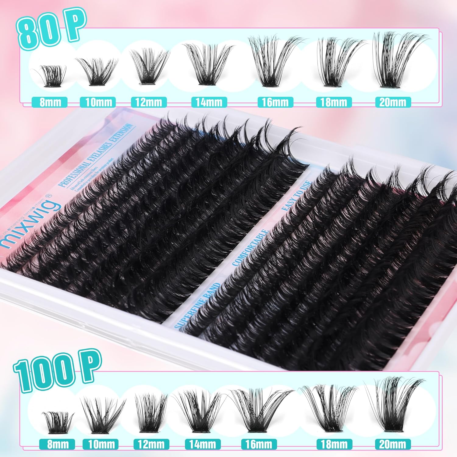 Kit de extensiones de pestañas esponjosas de rizo D 80D 100D, kit de pestañas individuales de 0.787 pulgadas, racimo de pestañas esponjosas, 280