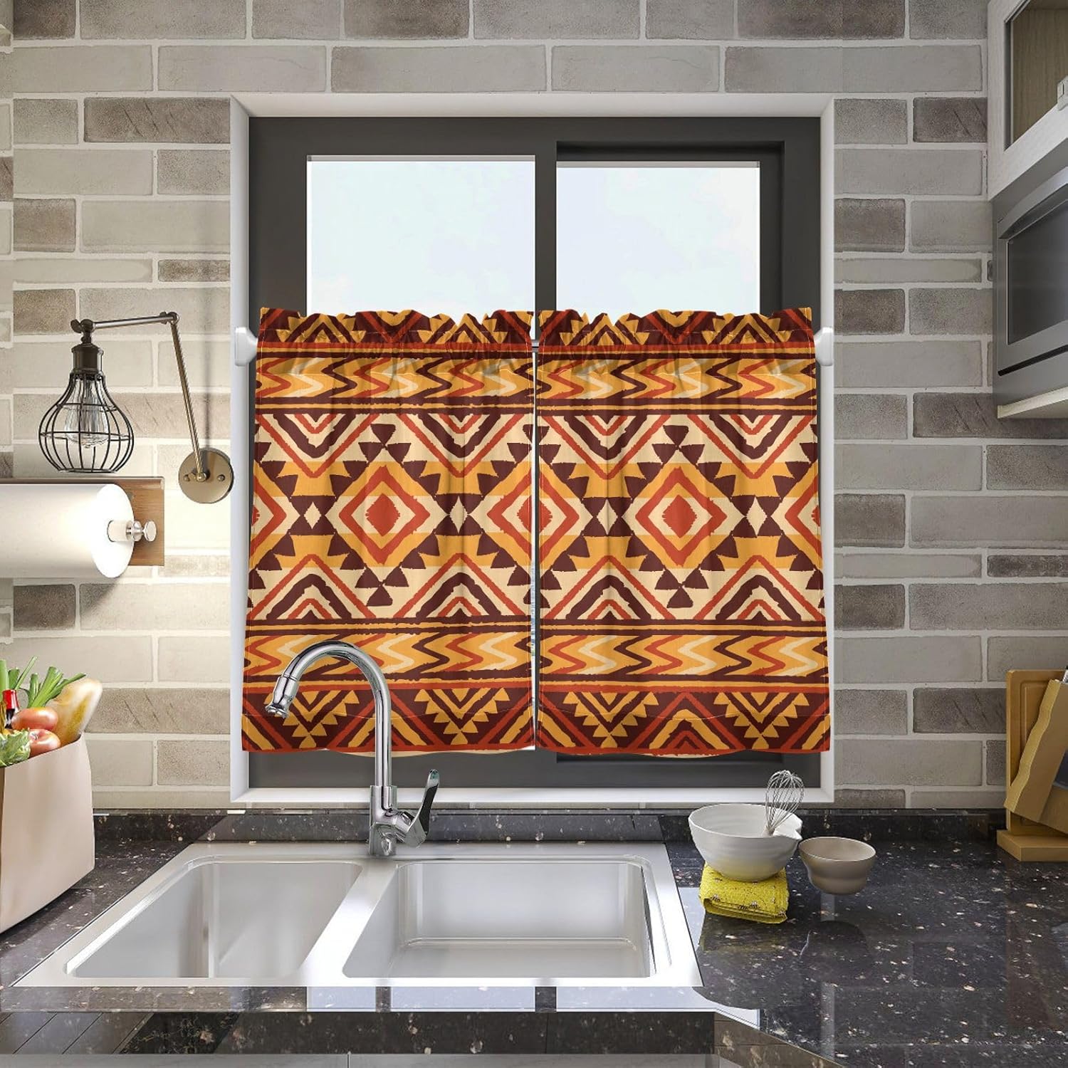 Cortinas de cocina de 36 pulgadas de largo, diseño geométrico tribal africano, 2 paneles, cortinas transparentes para media ventana, bolsillo para