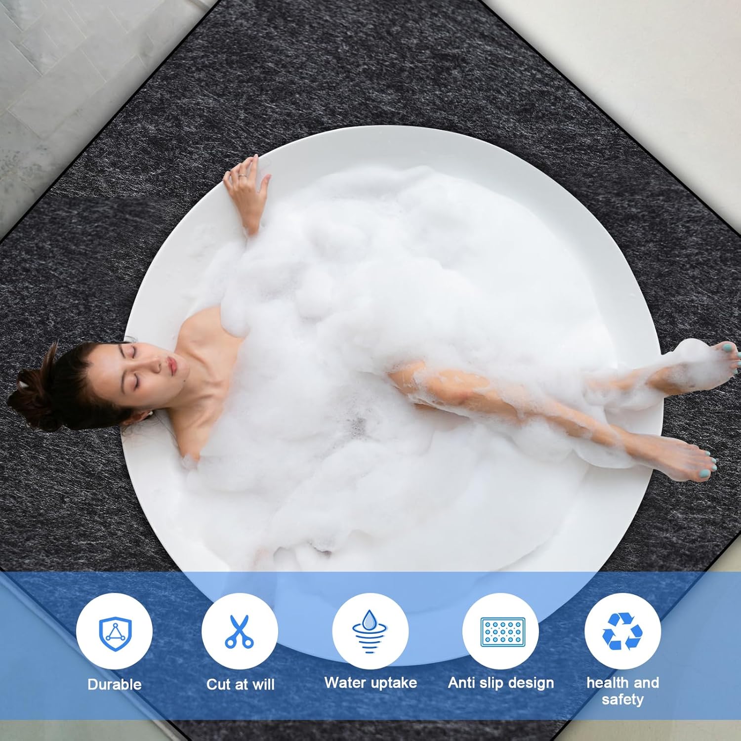 Tapete inflable extra grande para bañera de hidromasaje de 100 x 100 pulgadas, respaldo antideslizante impermeable, protector absorbente para suelo