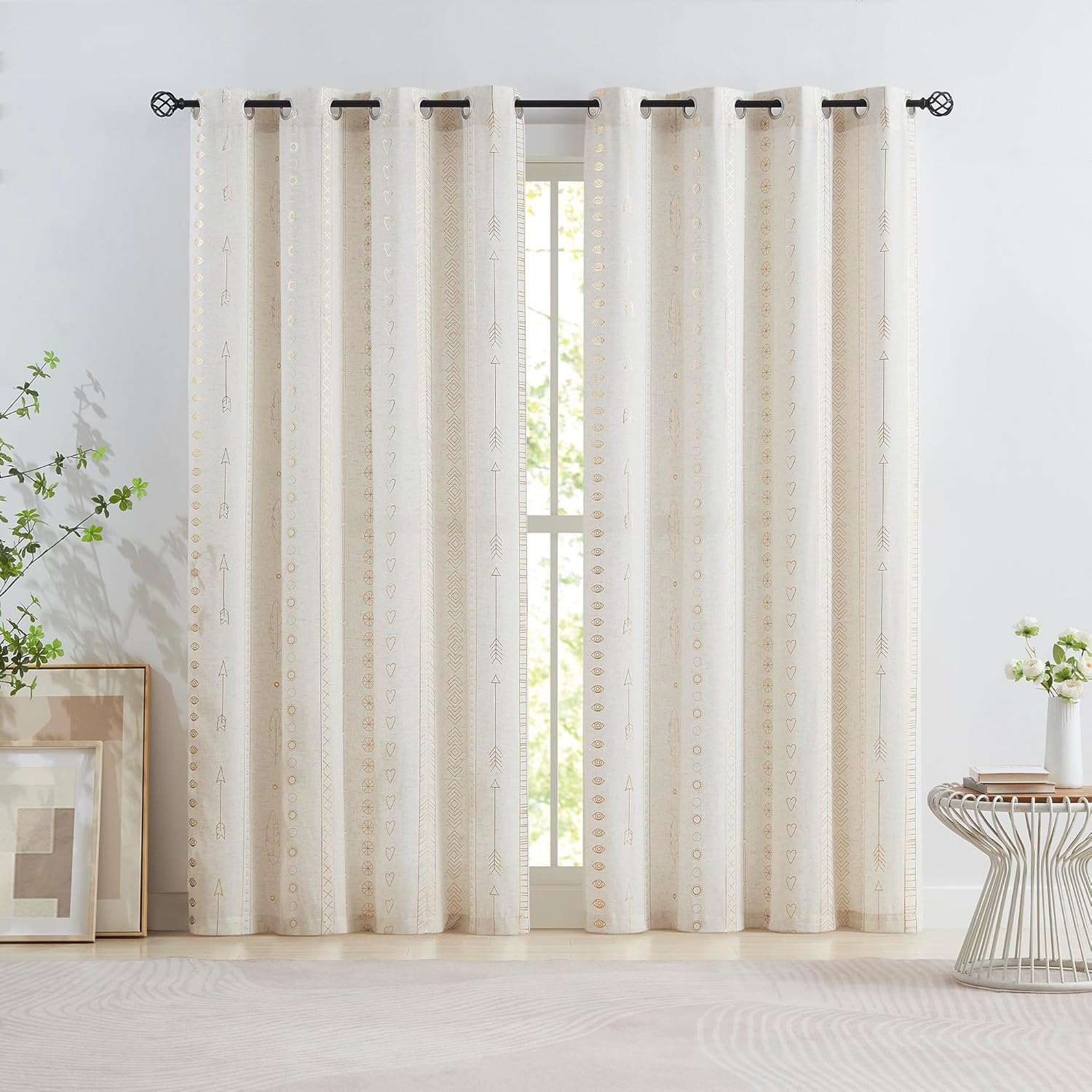 ugoutry Cortinas bohemias doradas para sala de estar, no se transparentan, juego de cortinas de lino de aluminio para ventana, para dormitorio,