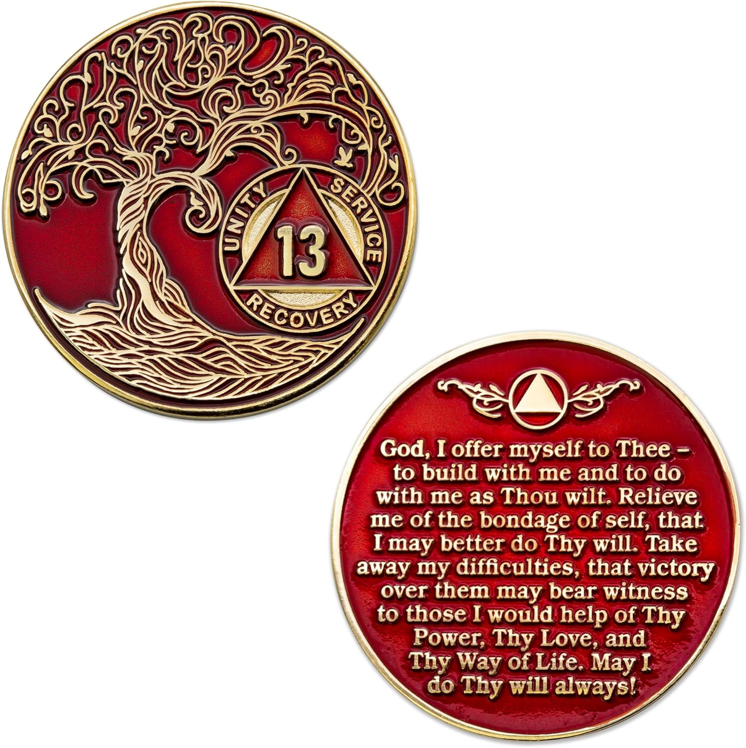 Medallón AA de 13 años, chip de recuperación AA chapado en oro, árbol de la vida, rojo