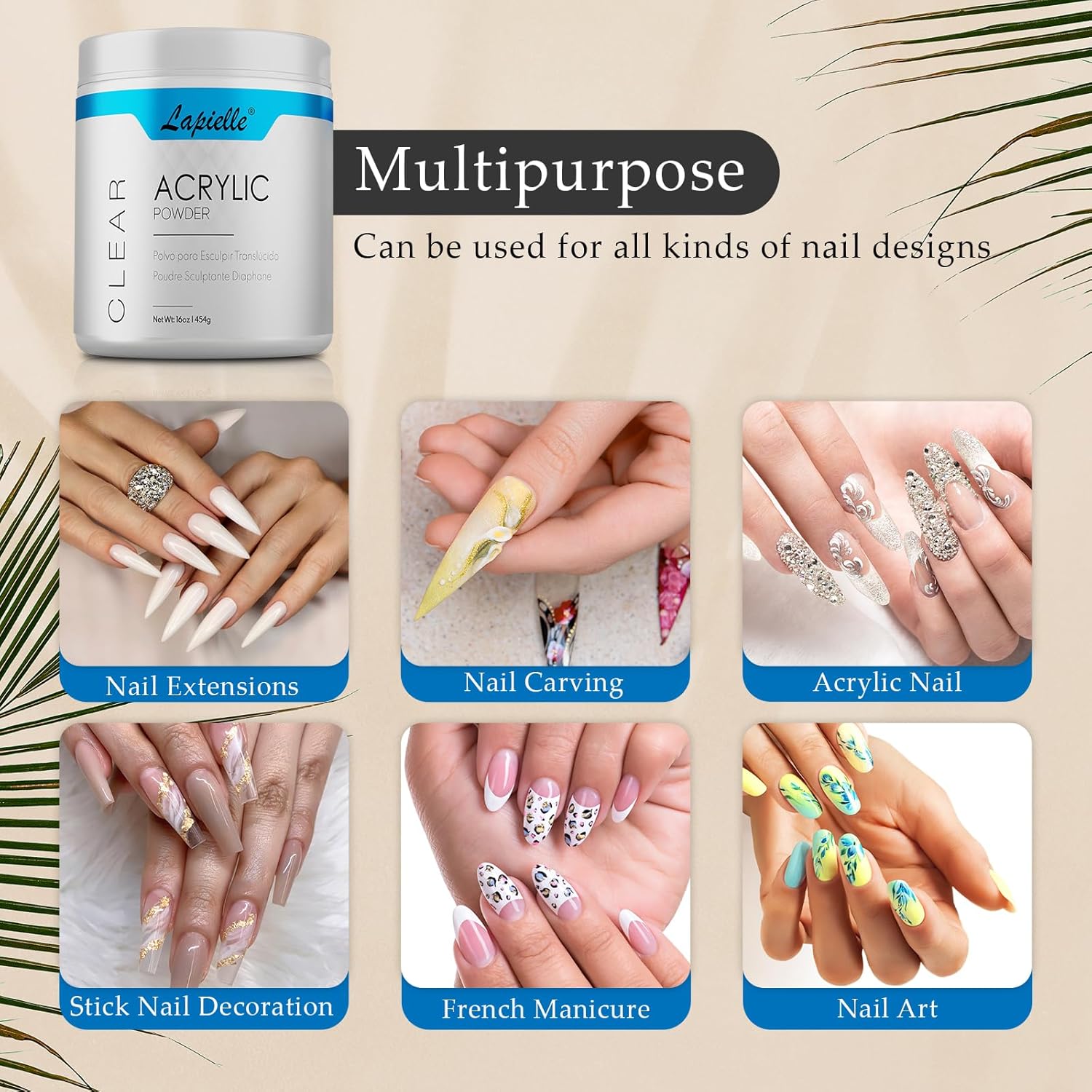 Lapielle Polvo acrílico profesional para arte de uñas. Larga duración, gran capacidad y secado rápido. Extensión de uñas de manicura de salón de