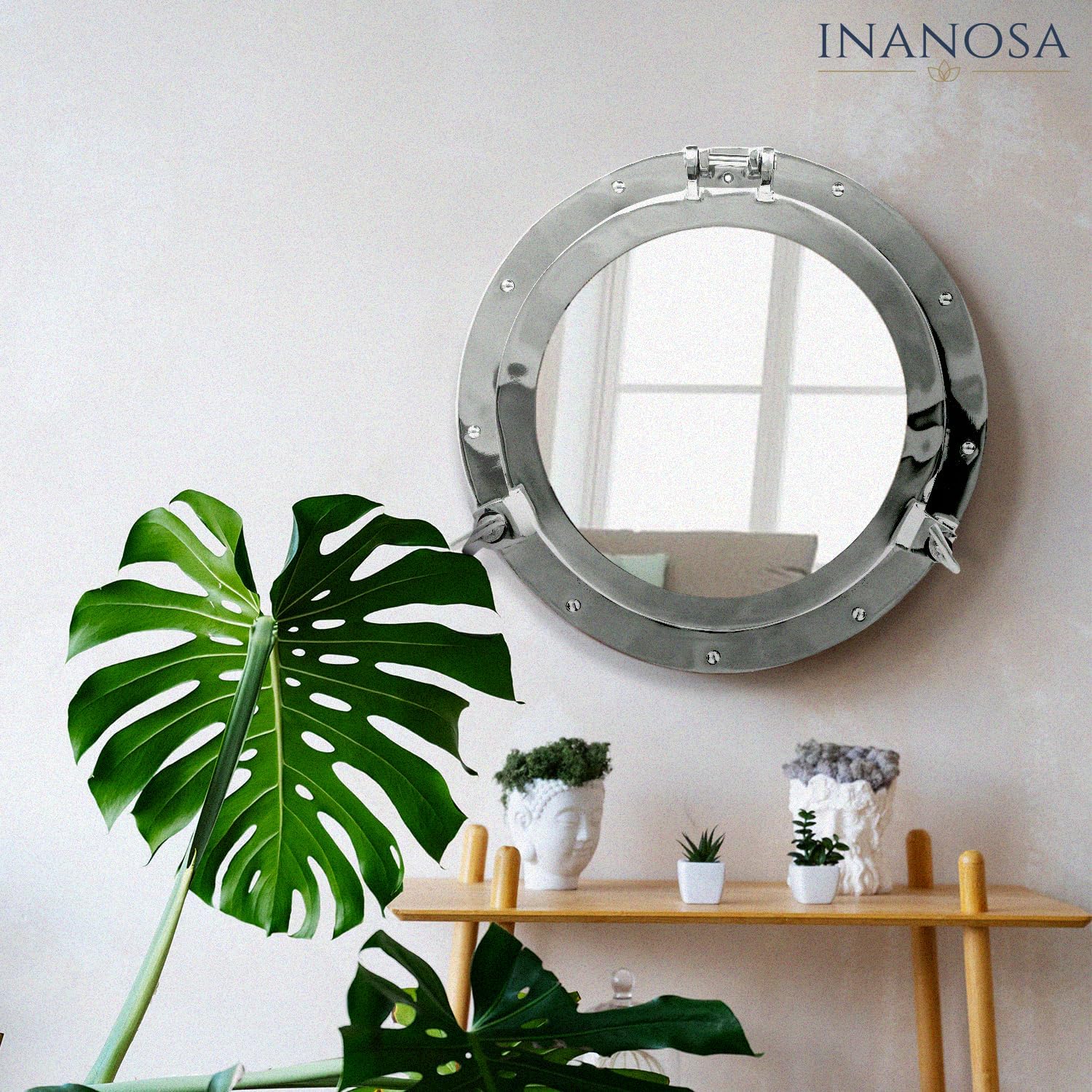inanosa Espejo de ojo de buey  Acabado blanco níquel plateado de 12 pulgadas  Decoración náutica de pared para baño y dormitorio  Decoración antigua