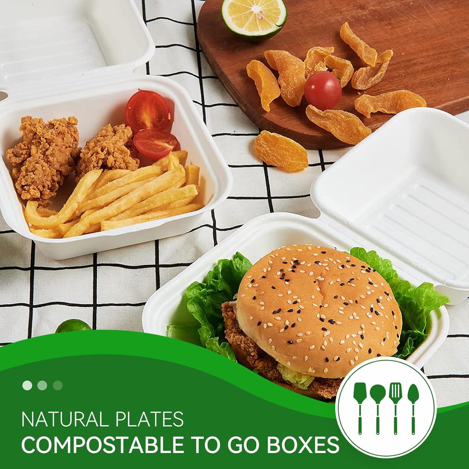Amozife Recipientes de alimentos 100% compostables de 6 x 6 pulgadas, recipientes ecológicos de bagazo biodegradables resistentes para llevar
