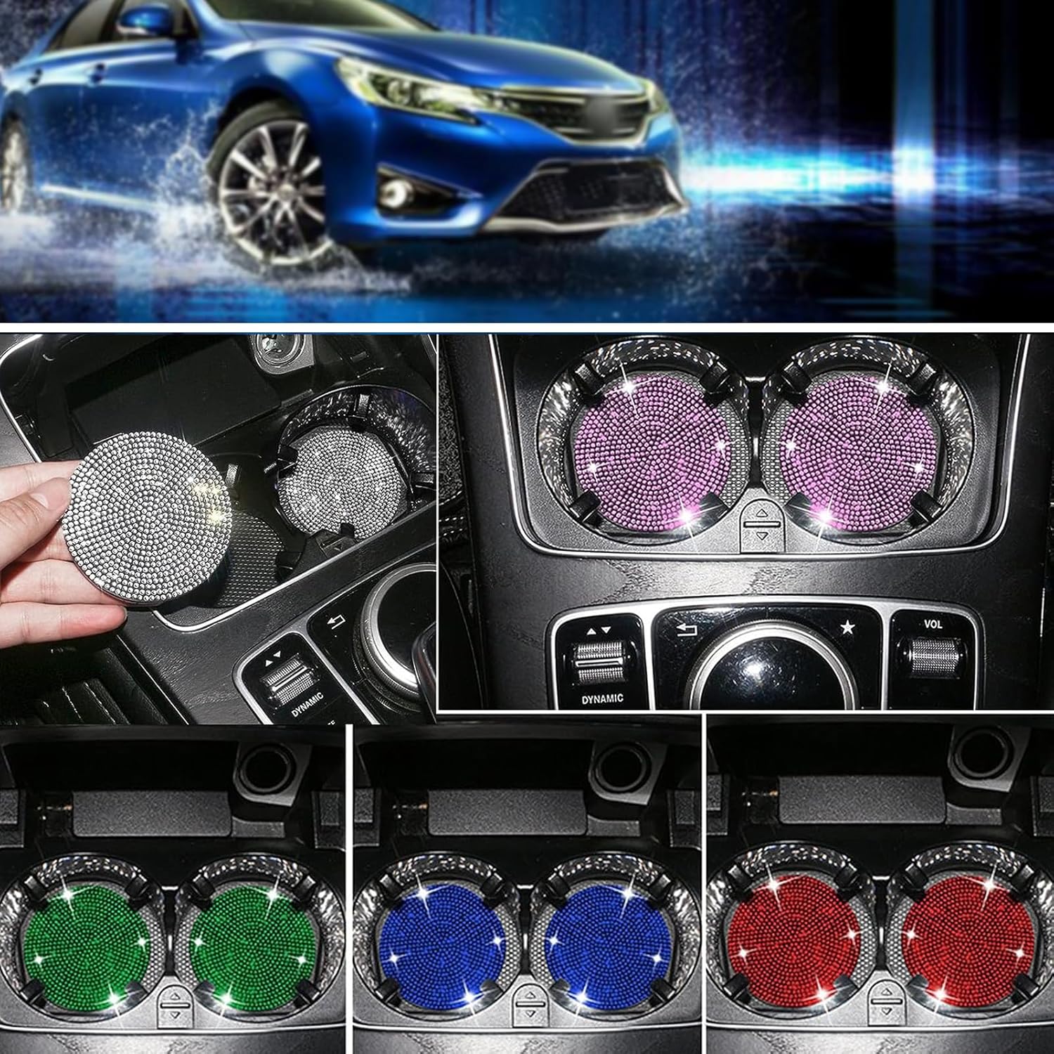 ZKFAR B-ling – Juego de 2 posavasos para automóvil, portavasos de cristal con diamantes de imitación de cristal, portavasos de tamaño universal,