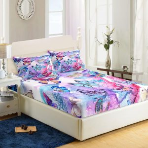 AILONEN Sábana bajera de mariposa, sábanas de mariposa para niños, niñas y adolescentes, juego de sábanas con estampado de mariposas azules y AILONEN Sábana bajera de mariposa, sábanas de mariposa para niños, niñas y adolescentes, juego de sábanas con estampado de mariposas azules y