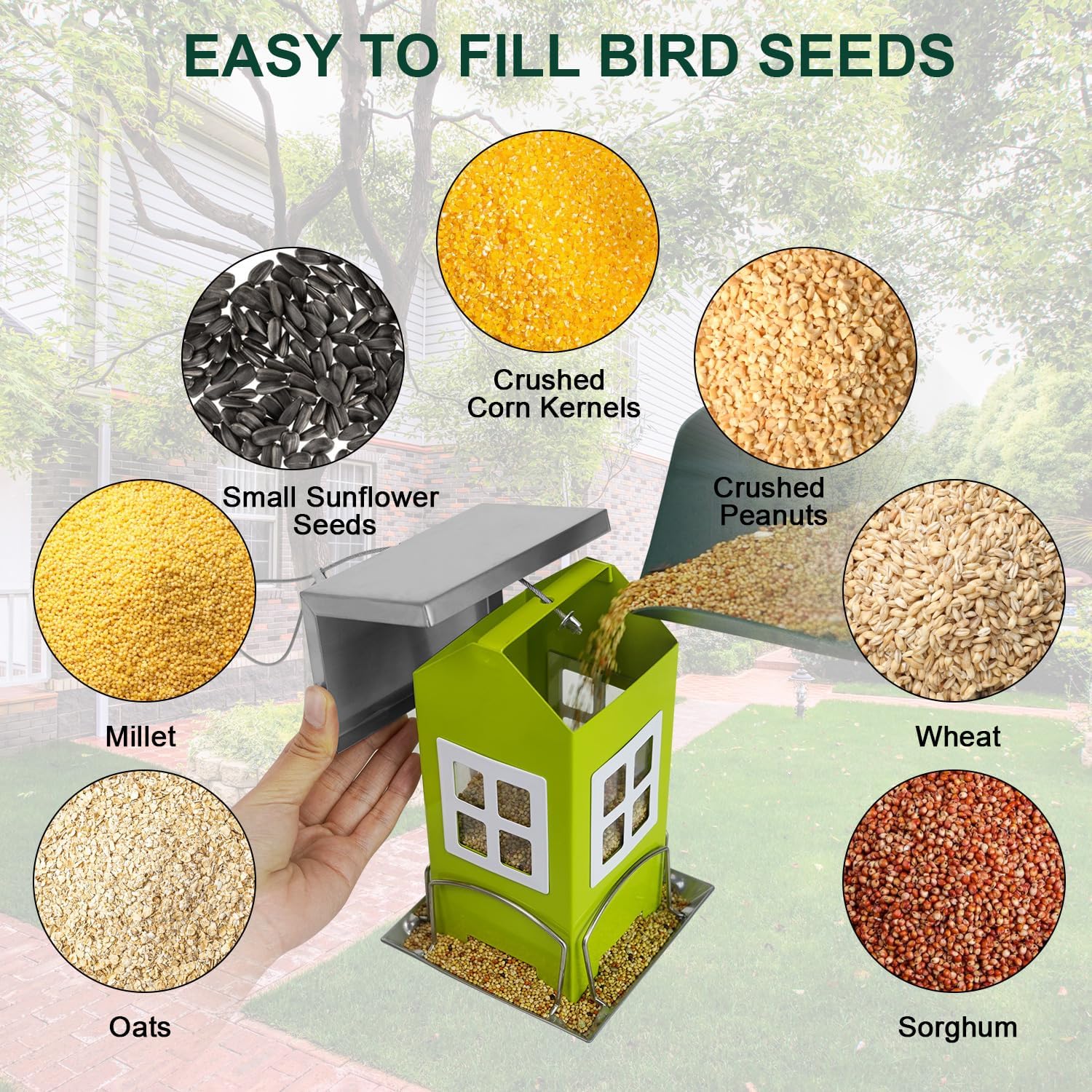 Hugeleaf – Comedero para pájaros para exteriores, todo de metal con techo extraíble, comederos colgantes para pájaros silvestres con 4 puertos,