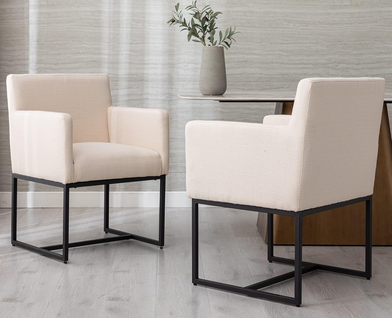VESCASA Juego de 2 sillas de comedor tapizadas de lino con brazos, modernas sillas de cocina acolchadas de mediados de siglo con marco de metal