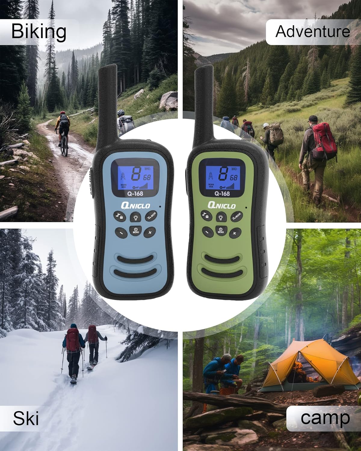 Qniglo Walkie Talkies para adultosniños, Walkie Talkies recargables de largo alcance con 22 canales FRS, radios VOX de 2 vías con linterna LED para