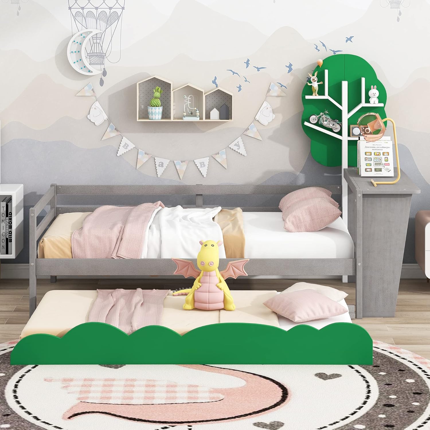 Anwick Base de cama individual con escritorio y nido, sofá cama de madera con escritorio y estantes en forma de árbol verde, cama de plataforma de