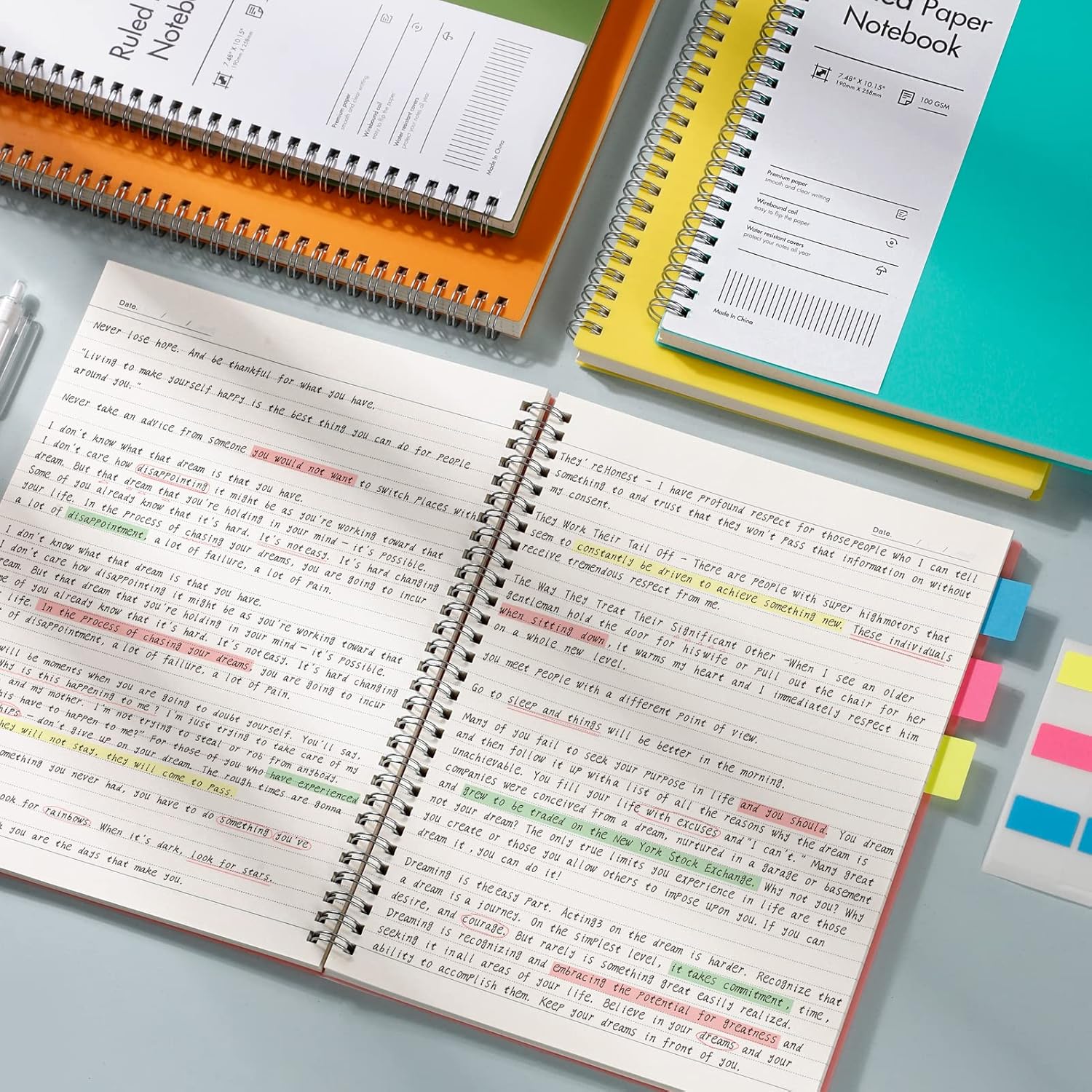 EMSHOI Cuaderno de espiral con rayas universitarias, paquete de 3 cuadernos B5 de composición grandes de 7.48 x 10.15 pulgadas, 480 páginas de 3.53