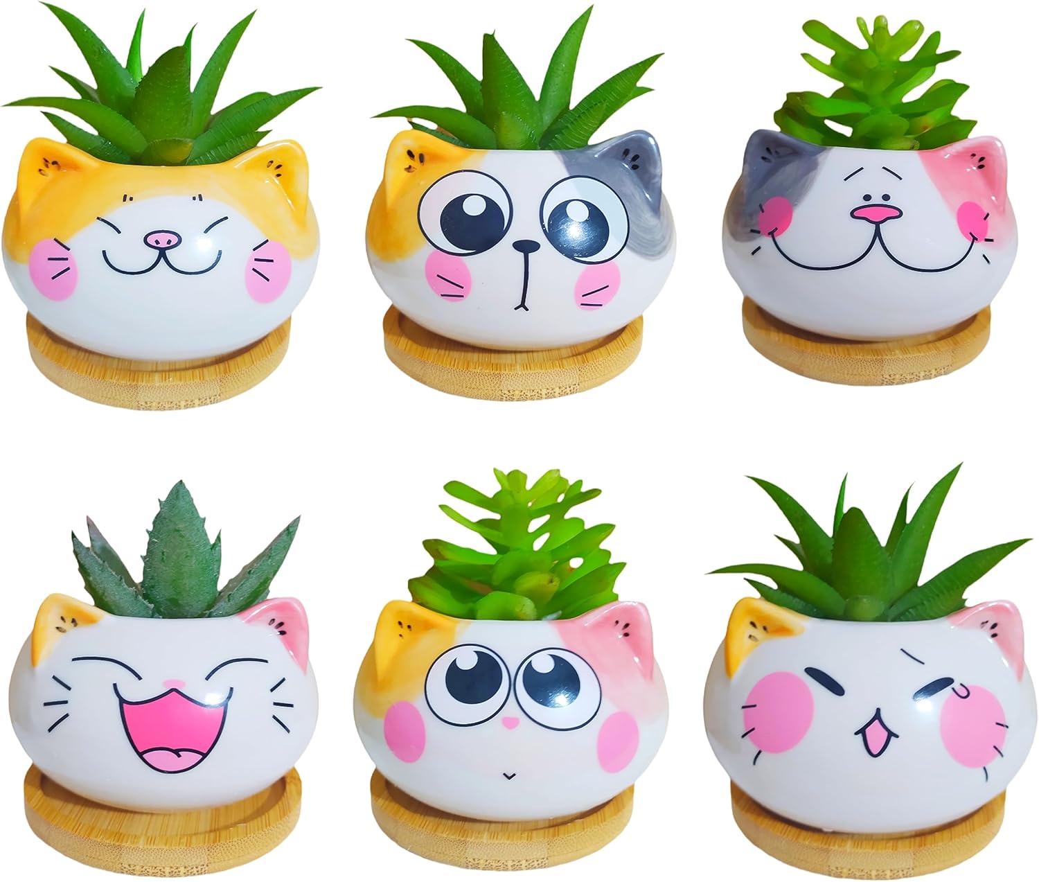 Juego de 6 macetas de cerámica para interiores de 3.5 pulgadas con forma de gato de dibujos animados con bandeja de bambú (planta no incluida)