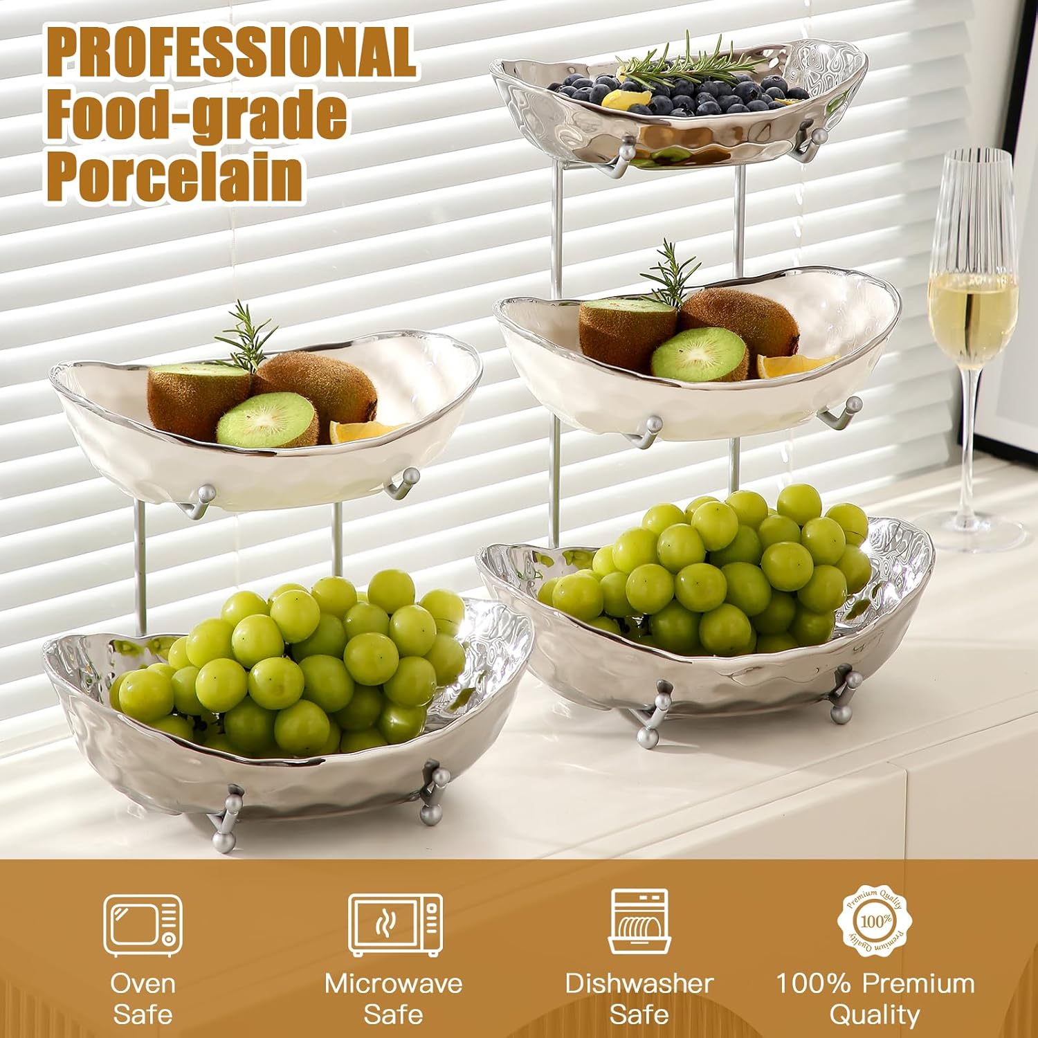 Frutero para encimera de cocina, cuencos de cerámica de 3 niveles con soporte de metal, cesta de frutas escalonada para almacenamiento de frutas y