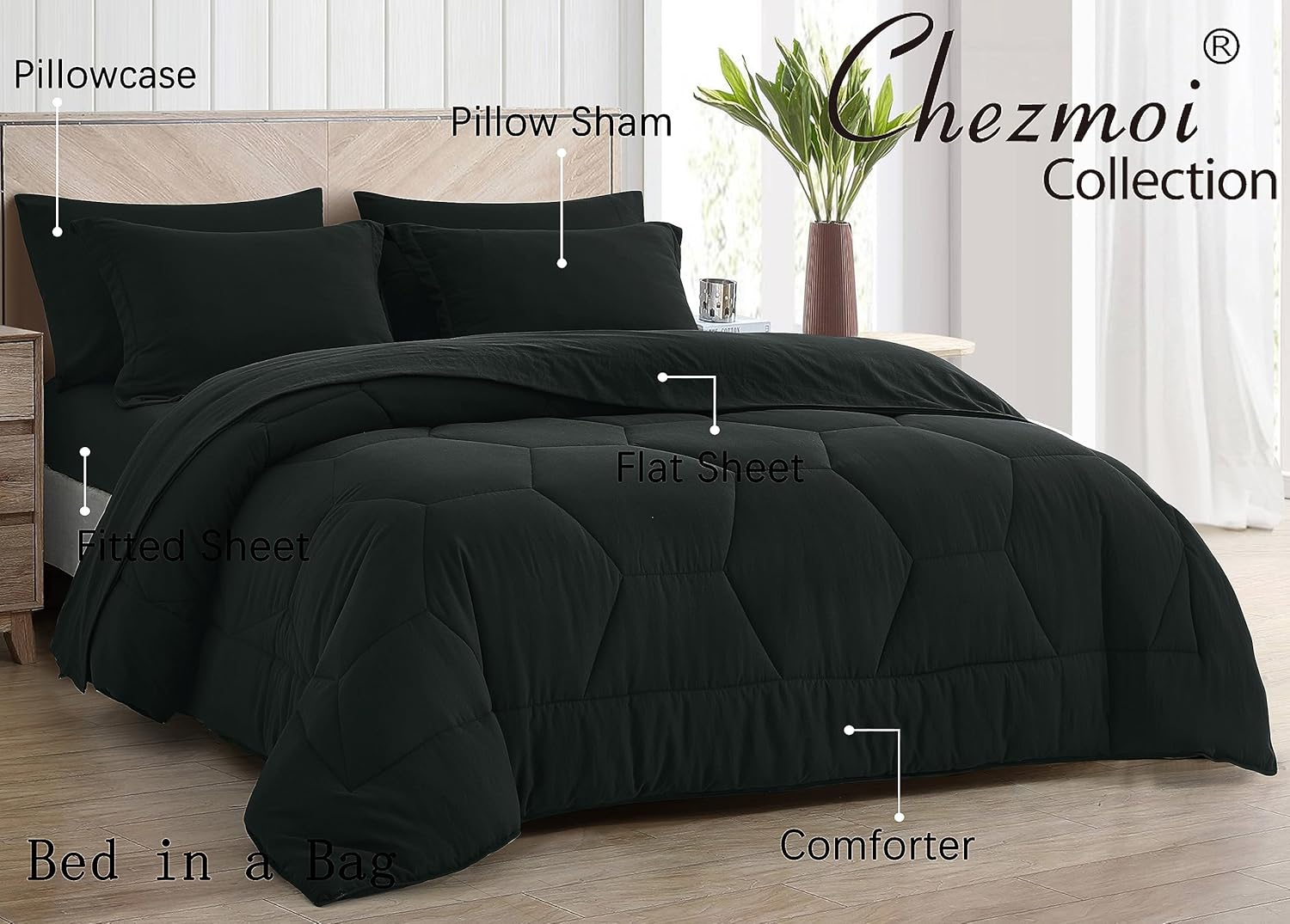 Chezmoi Collection Piper – Juego de cama matrimonial en una bolsa, 7 piezas con diseño geométrico de panal de abeja, acolchado de microfibra lavada