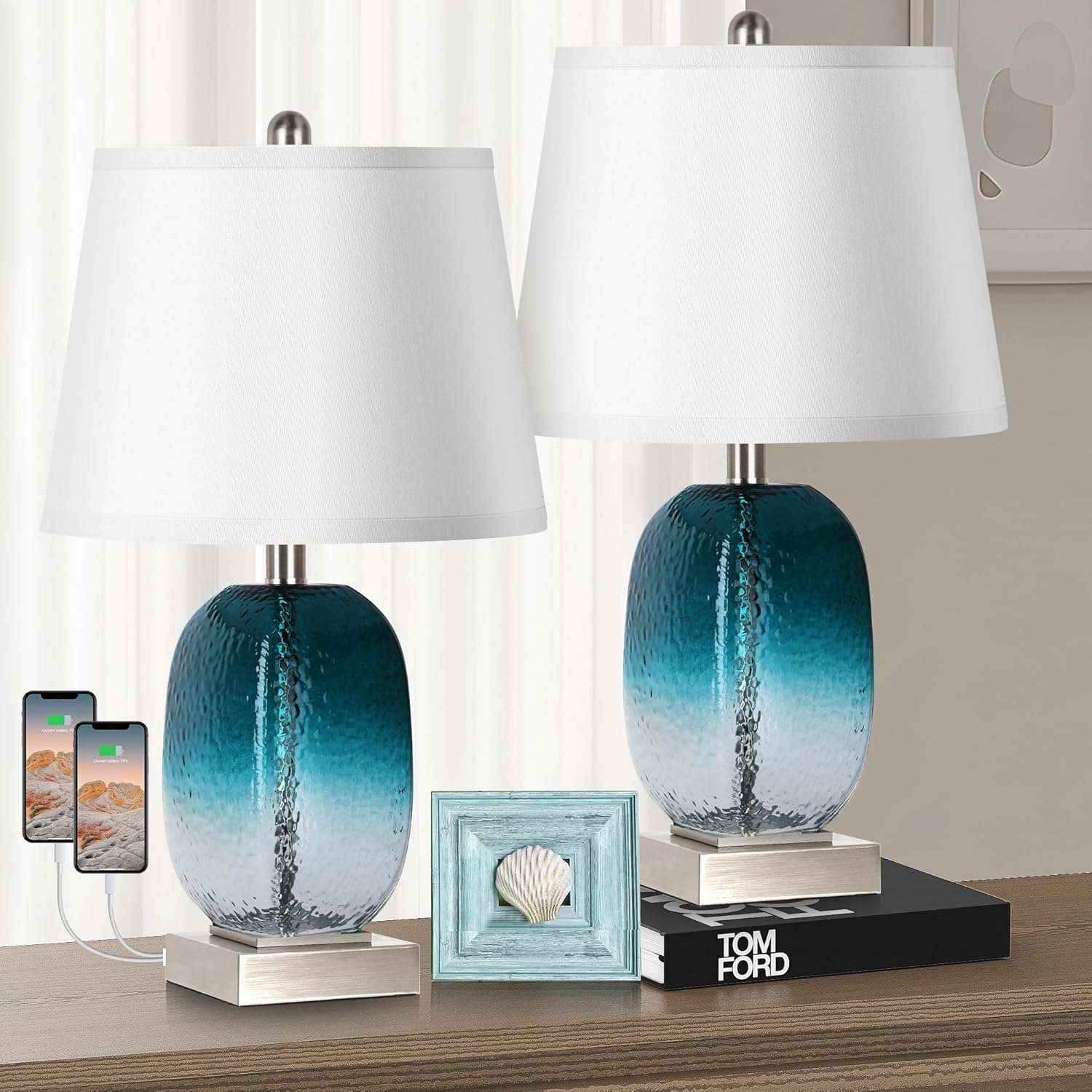 Juego de 2 lámparas de mesa con control táctil, moderna lámpara de noche de cristal verde azulado costero con 2 puertos USB, lámparas de mesa de