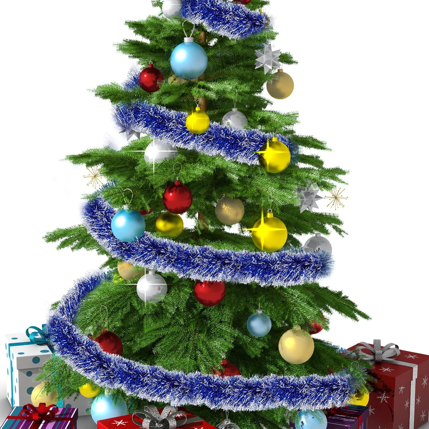 Guirnalda de oropel de Navidad de 50 pies, guirnalda metálica con punta de escarcha, decoración de árbol de Navidad, corona brillante para