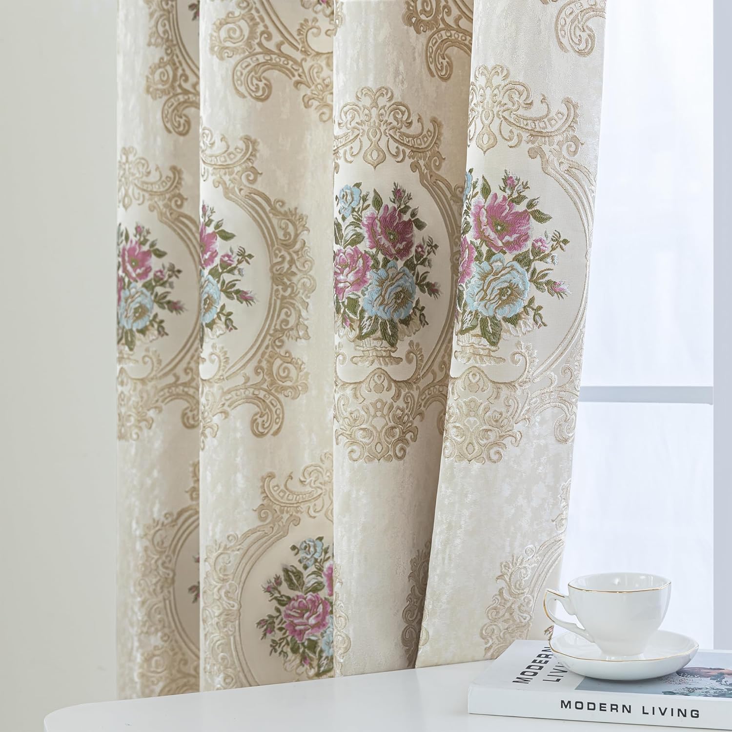 Loom and Mill Cortinas jacquard de lujo para dormitorio, sala de estar, cortinas de damasco floral beige nacarado, 2 paneles con alzapaños, elegante