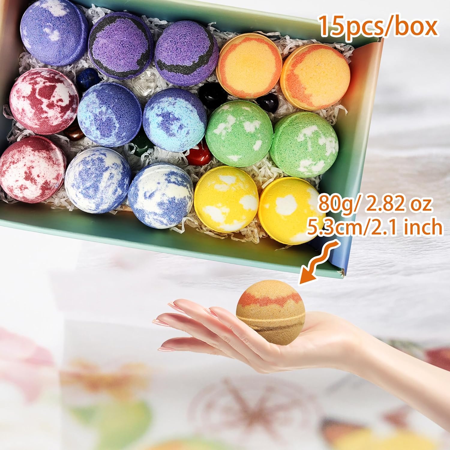 Bombas de baño con piedras preciosas curativas de chakras. 15 bombas de baño de aceites esenciales. Bombas de baño con piedras de chakra reales para