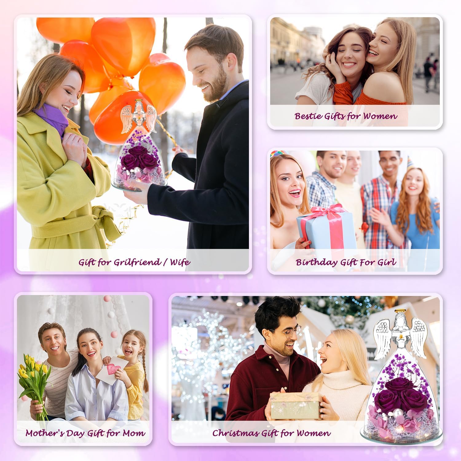 ANWEAO Regalos de rosas de flores en figuras de ángel de cristal, regalos de cumpleaños para mujeres, regalos de rosa para el día de la madre para