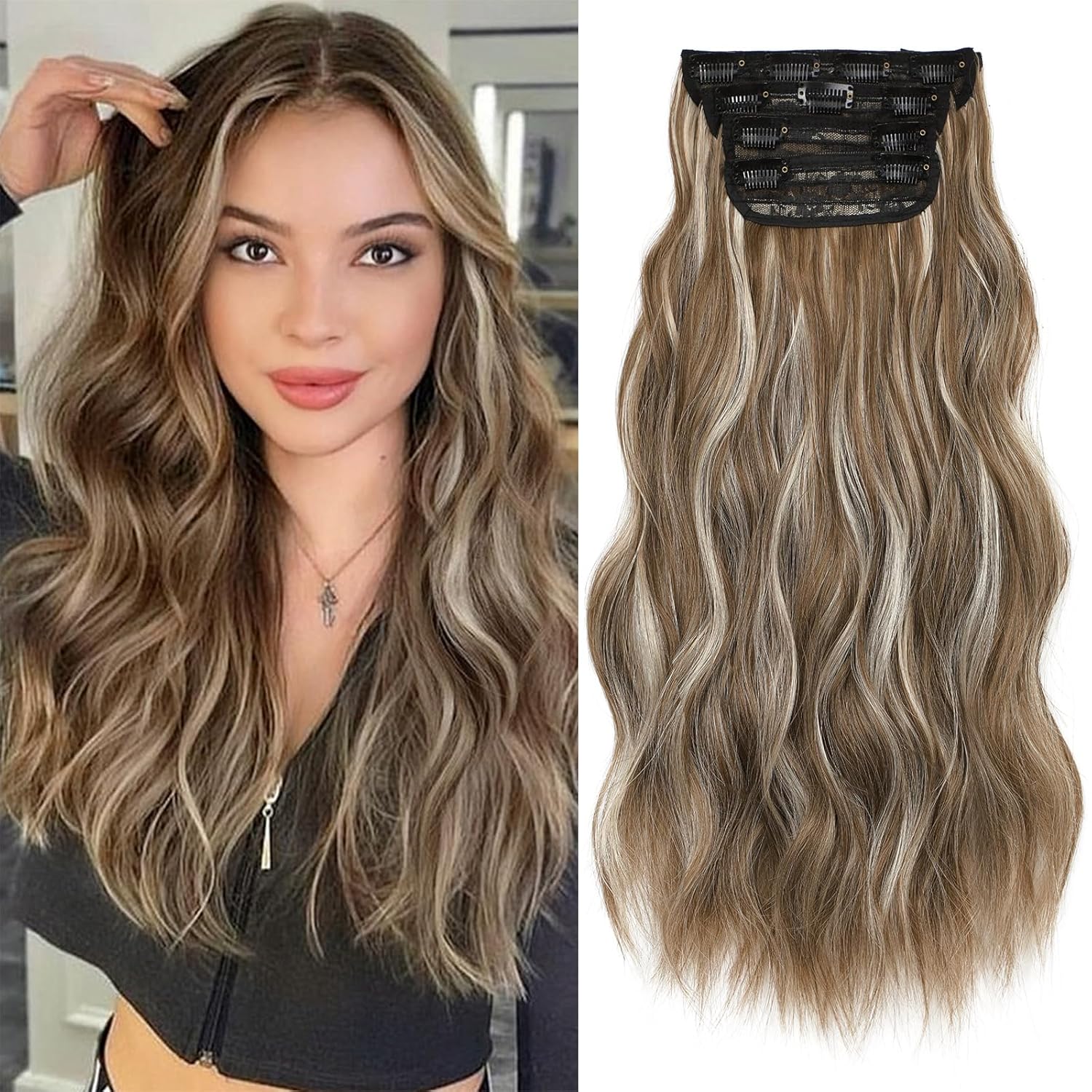 Extensiones de cabello con clip, 4 piezas de extensiones suaves, naturales y fáciles de usar con extensiones largas onduladas para bodas, disfraces