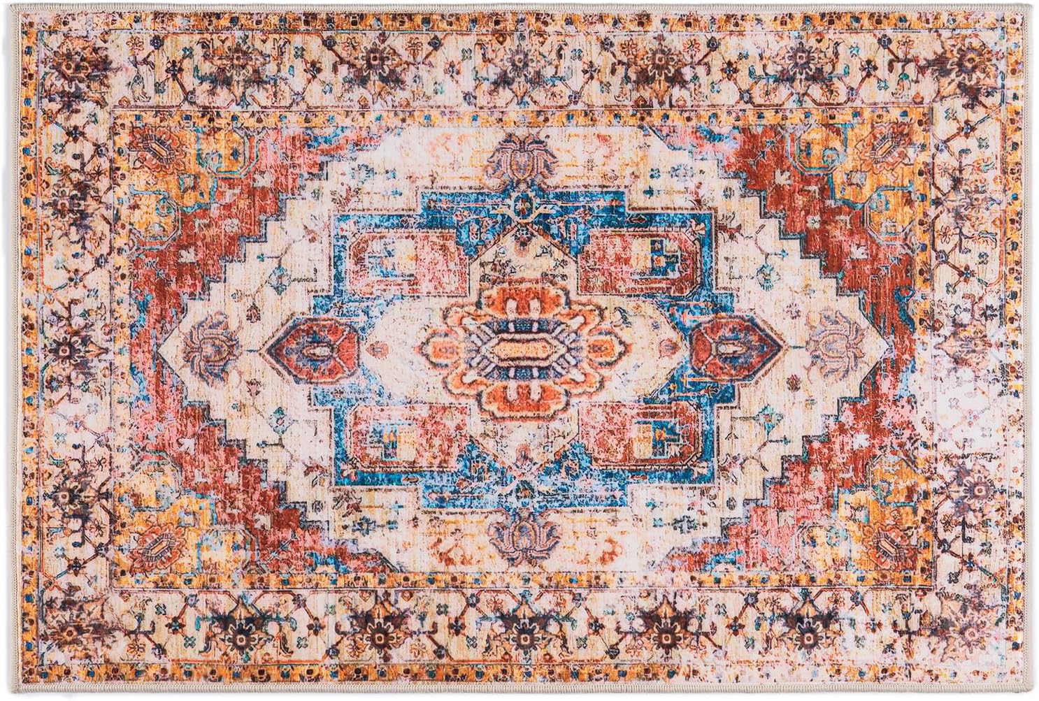 Alfombra vintage pequeña de 2 x 3 pulgadas, a prueba de suciedad, de pelo bajo, para puerta de entrada, interior, lavable, impresión retro, alfombra