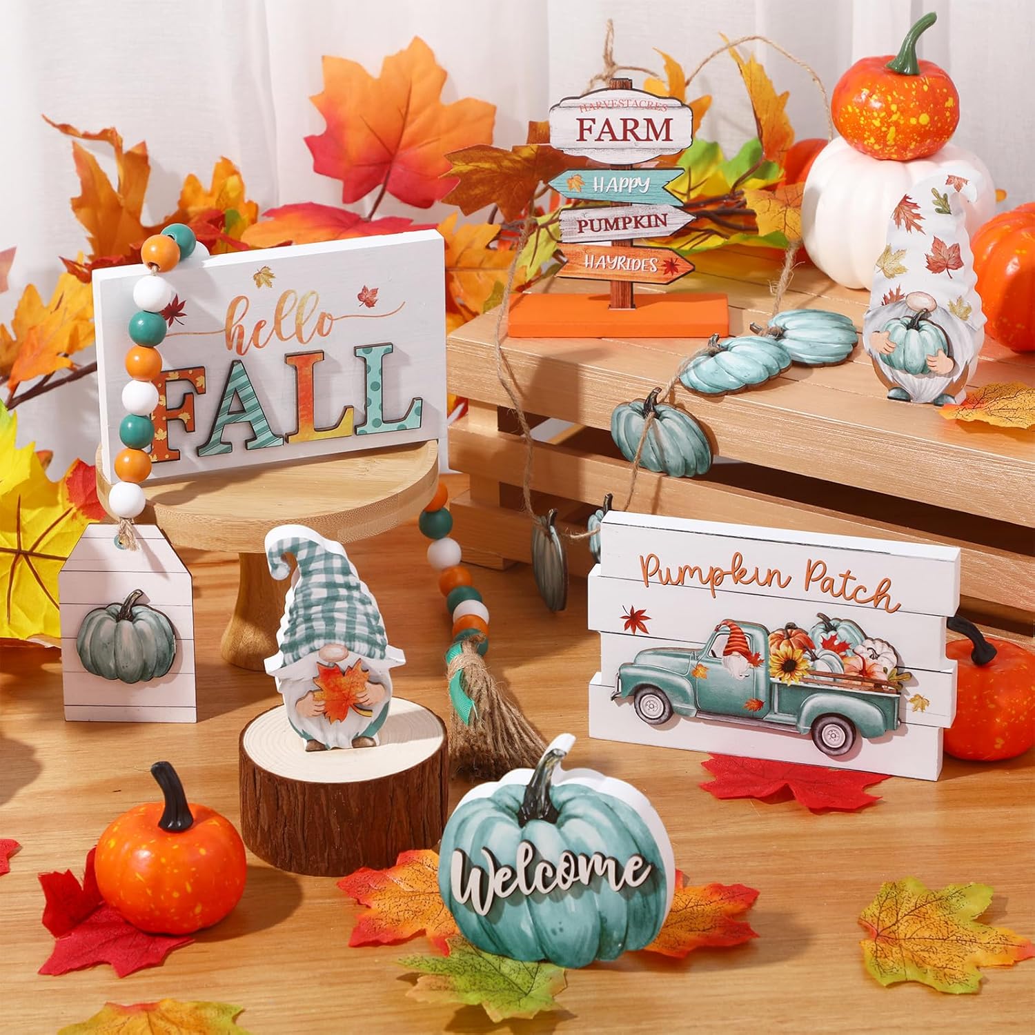 Soaoo Juego de 12 piezas de decoración de bandejas escalonadas de madera con texto en inglés “Hello Fall Pumpkin Gnomo”, letreros para otoño,