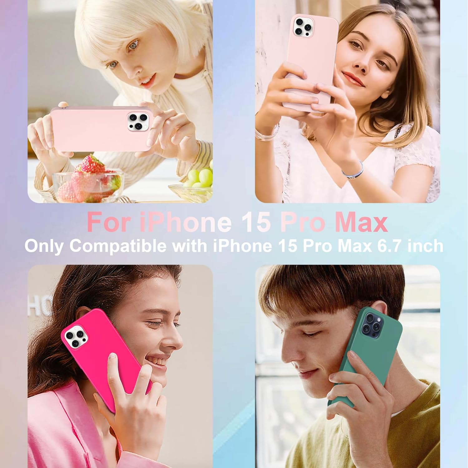 ACOSTETE Funda para iPhone 15 Pro Max, con protector de pantalla + protector de lente de cámara goma de silicona líquida a prueba de golpes forro de
