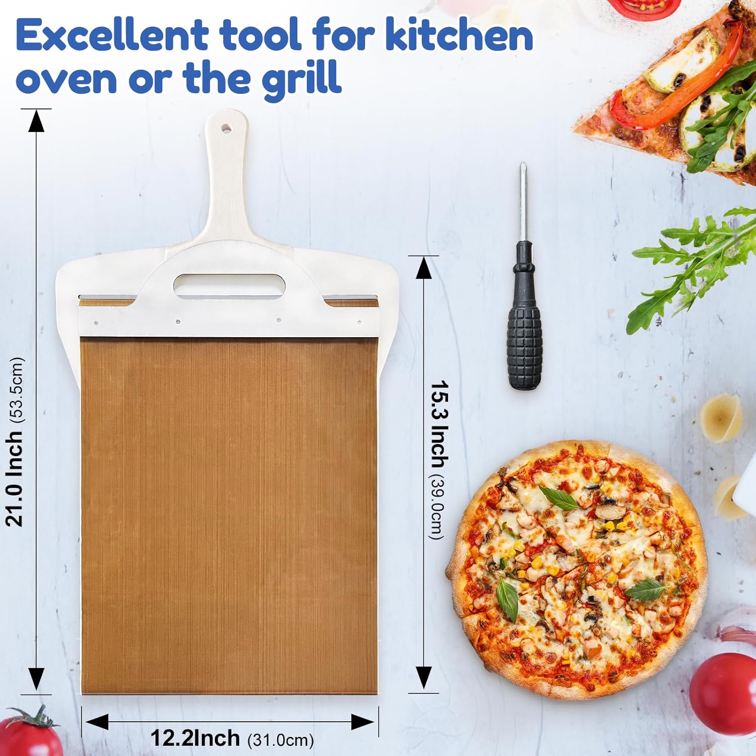 Pala deslizante de pizza para masa de pizza de transferencia súper fácil, pala de pizza sin pegar con asa, pala mágica para pizza, peladura