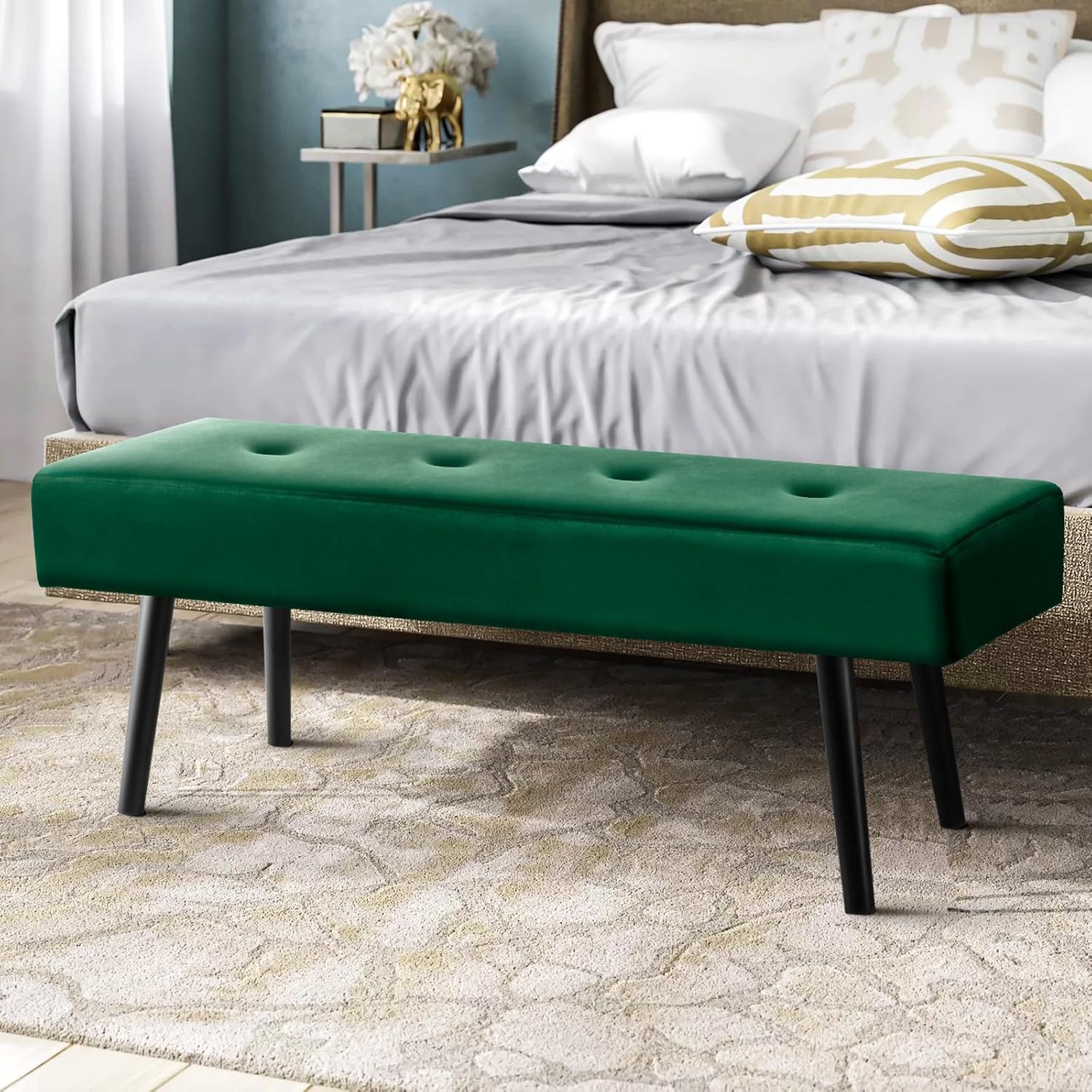 Banco de entrada  Banco verde para dormitorio, moderno extremo otomano de cama, bancos acolchados de terciopelo para sala de estar, vestíbulo,