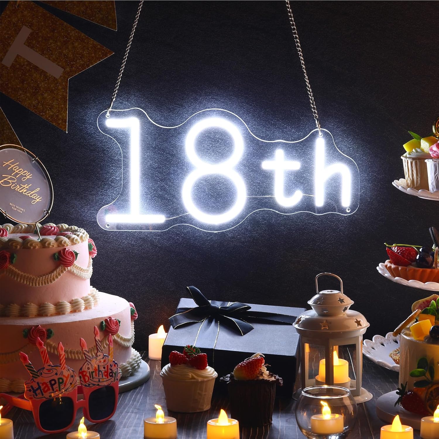 Letrero de neón de feliz cumpleaños para decoración de pared, decoración de cumpleaños de 16, 18, 50, letrero LED con cadenas colgantes para telón
