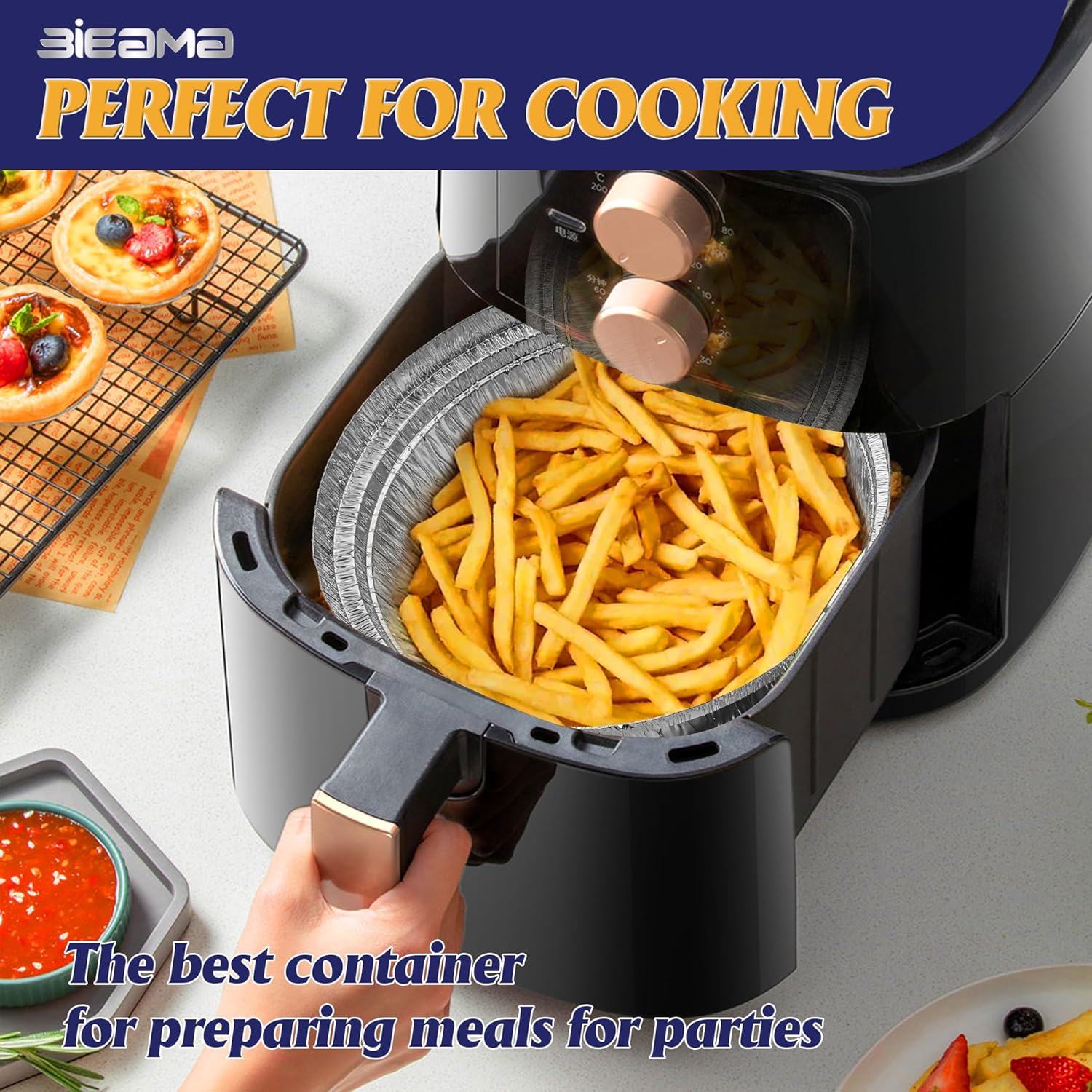 BIEAMA Paquete de 100 sartenes redondas de aluminio de 8 pulgadas con tapas de plástico, bandejas de aluminio desechables para hornear, cocinar,