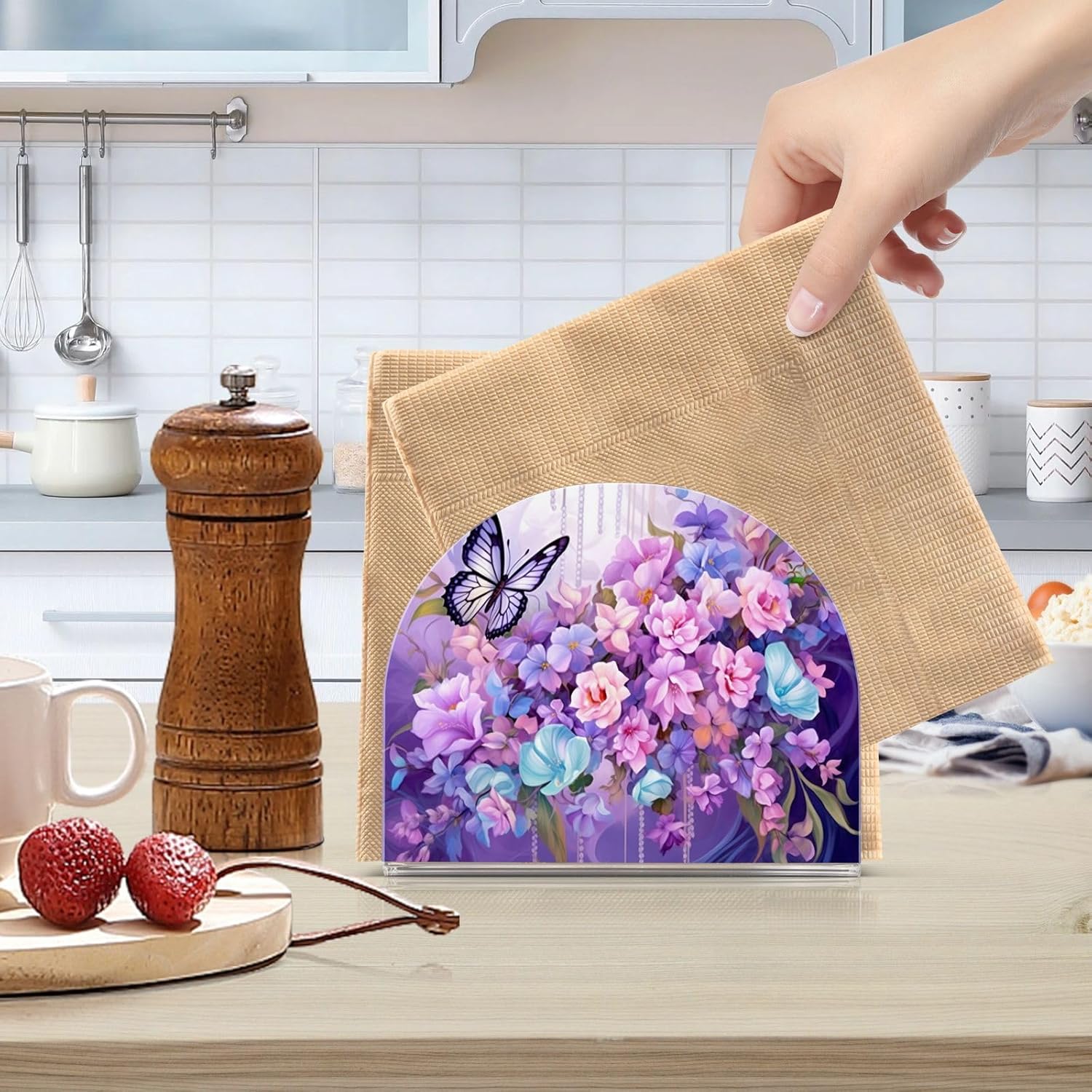 Napkin Holder Butterfly Flowers Napkin Holders for Tables, Clear Acrylic Napkin Holders Cocktail Napkin Holder for Kitchen Restaurant Bar Home Decor