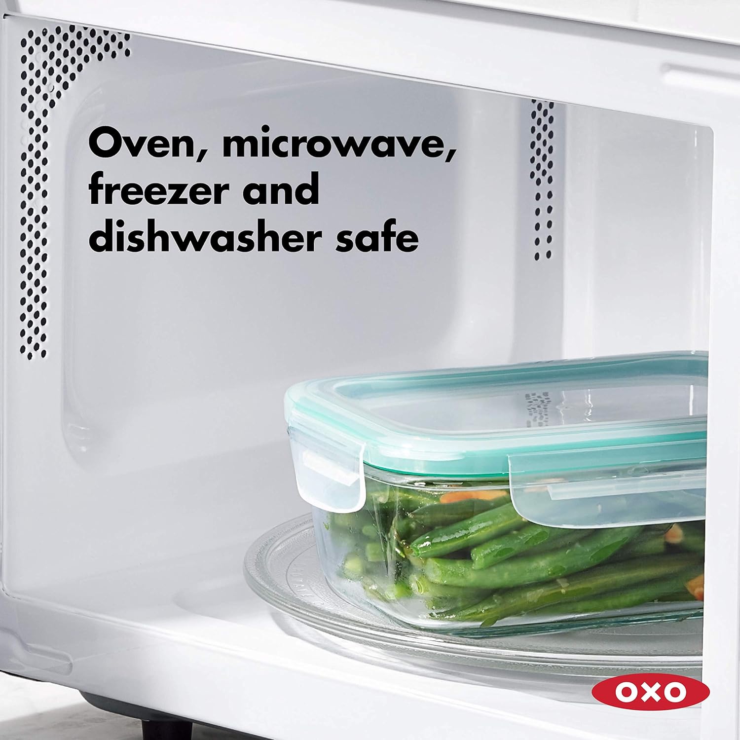 OXO Good Grips – Recipiente rectangular de vidrio con sello inteligente de 8 tazas y Good Grips 4 tazas de sellado inteligente a prueba de fugas,