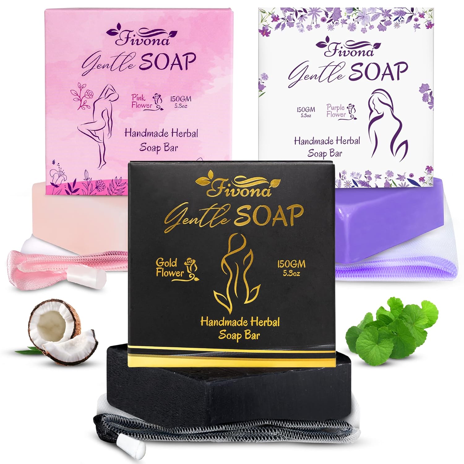 FIVONA Yoni – Juego de 3 barras de jabón a base de hierbas para un lavado íntimo femenino suave y todo el cuerpo, totalmente natural, hecho a mano,