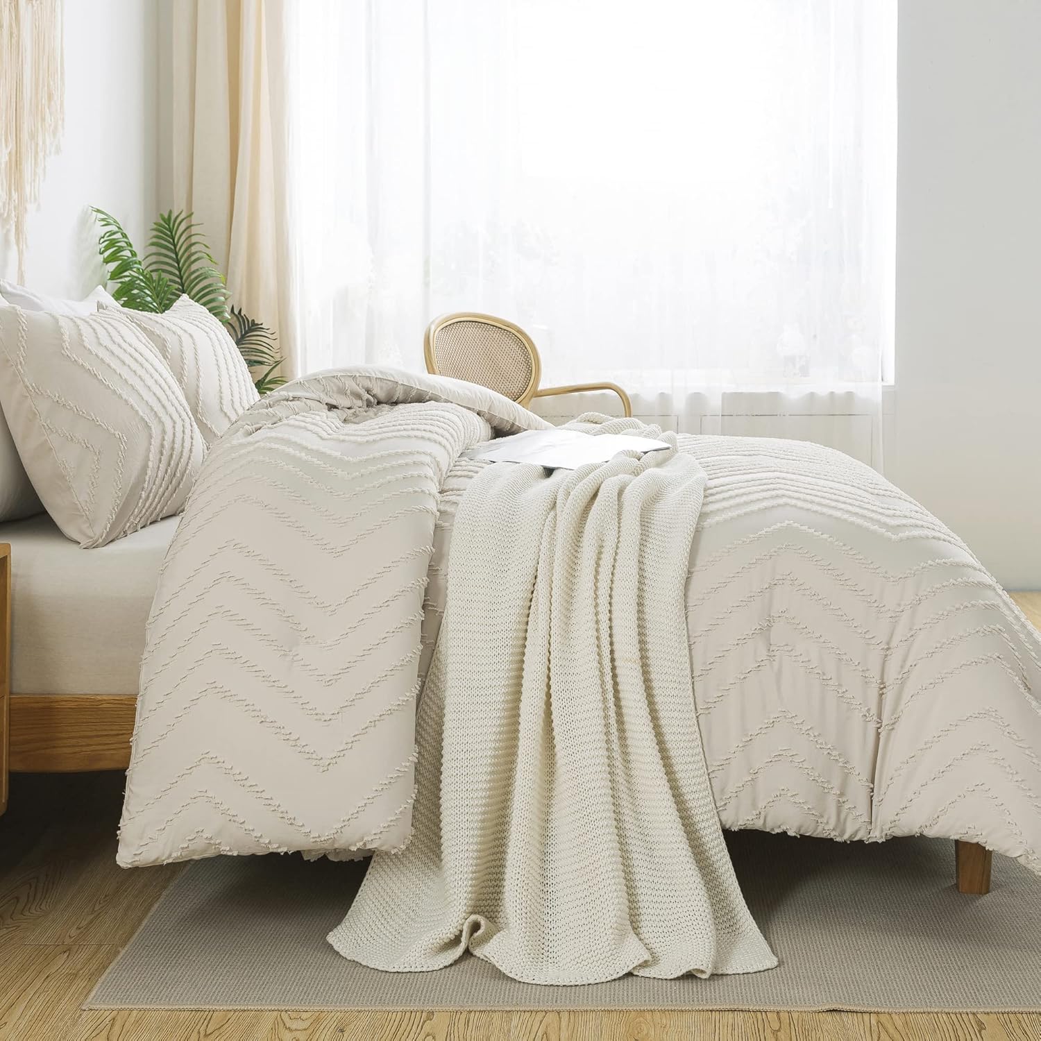 Litanika Juego de edredón de tamaño matrimonial, color beige, bohemio, ligero, esponjoso, juego de ropa de cama para cama, juego de cama de 3 piezas