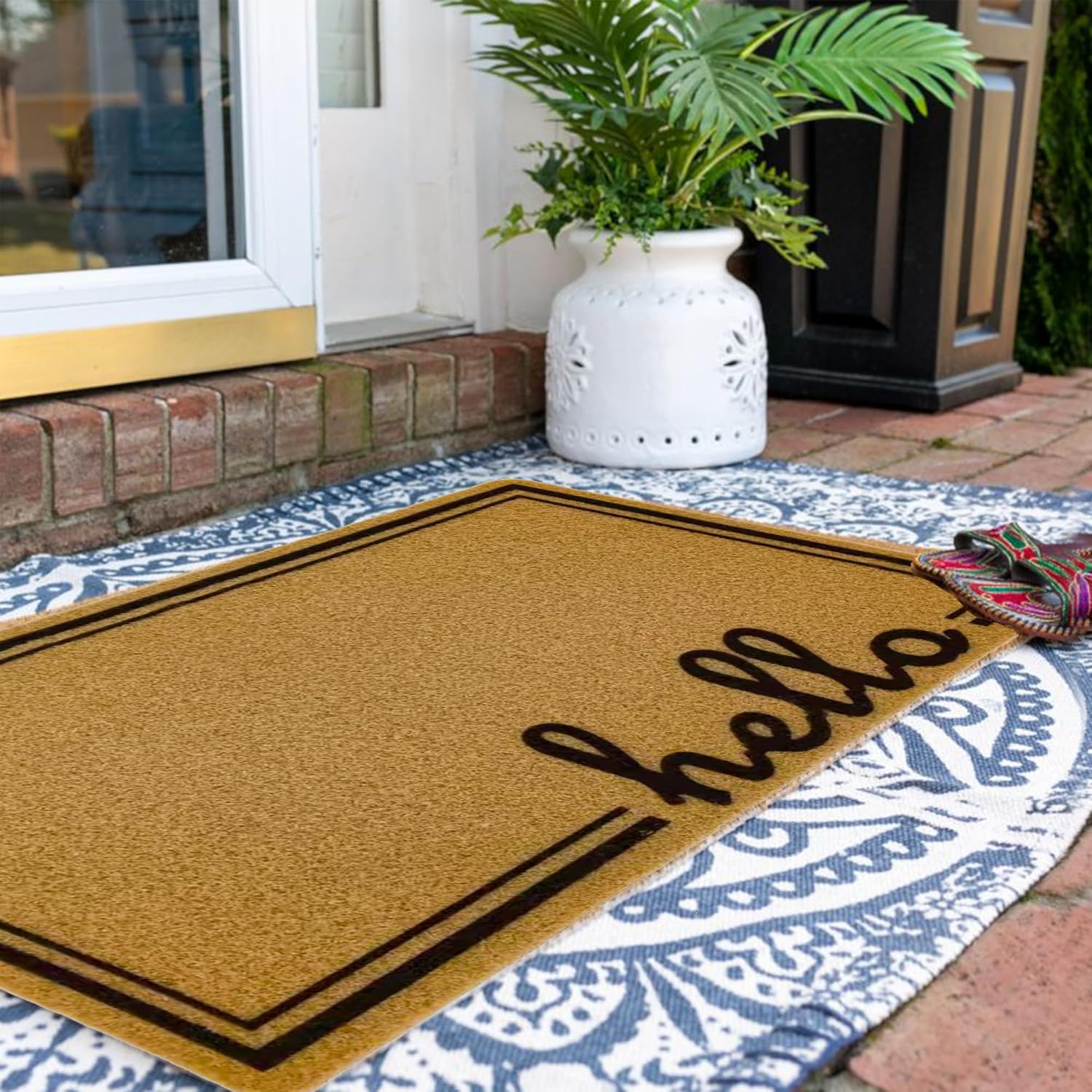 Felpudo antideslizante de bienvenida para puerta delantera, diseño de borde de tira para exteriores, tapetes de entrada, decoración de entrada de