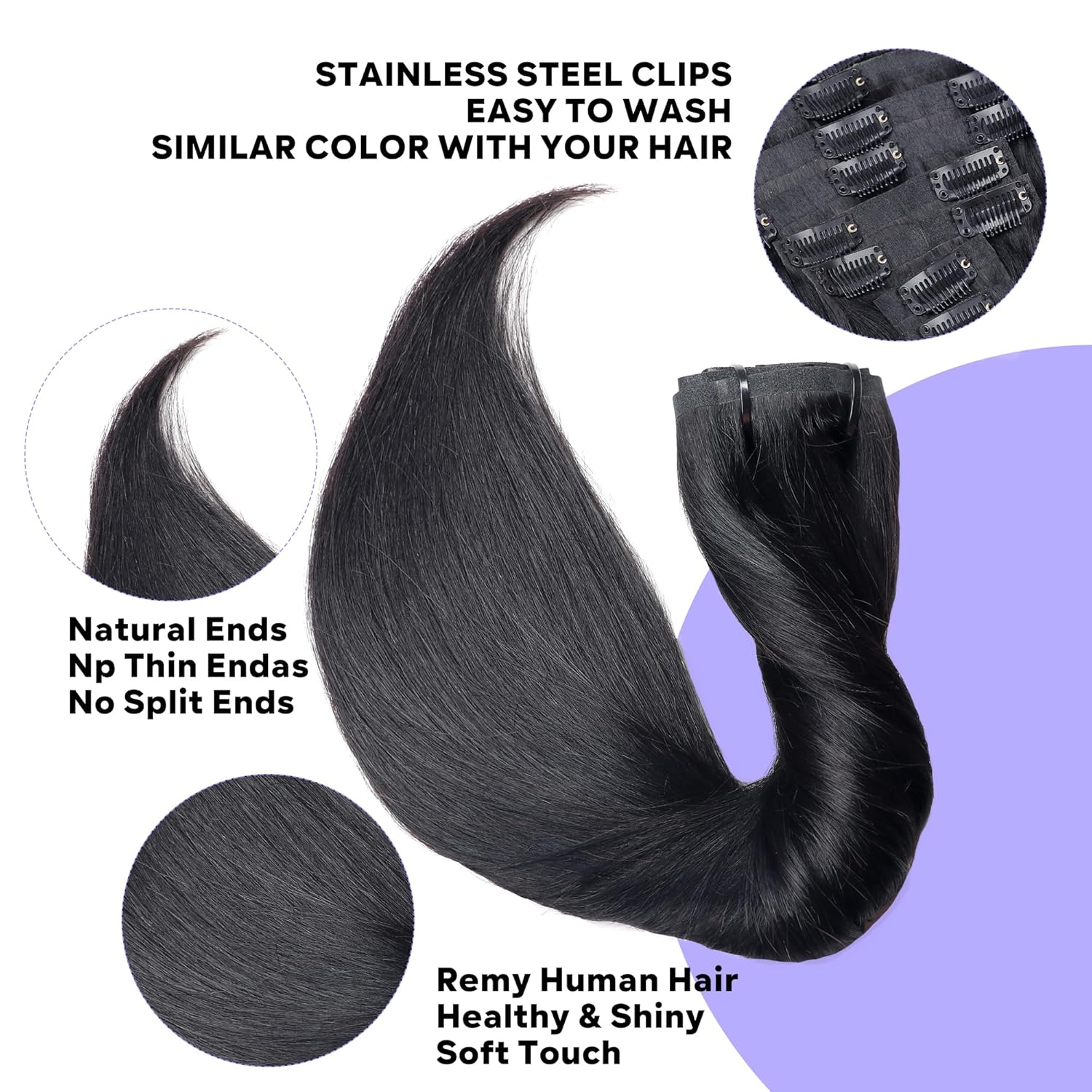 Extensiones de cabello humano real con clip, sin costuras, cabello humano virgen brasileño, lacio, extensiones de cabello humano virgen brasileño