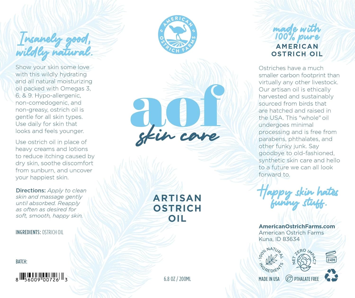 American Ostrich Farms Aceite de avestruz 100% puro, fabricado en Estados Unidos, hidratante natural para la piel rica en omega, botella de 8 onzas,