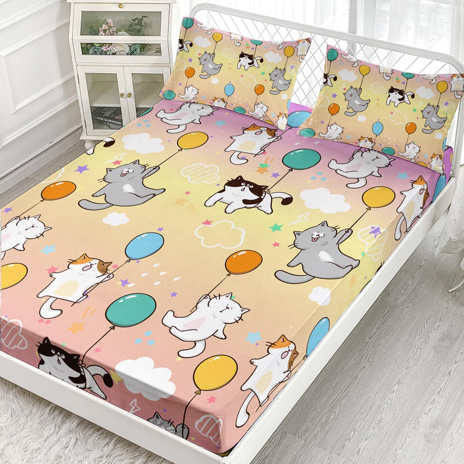 AILONEN Juego de sábanas bajeras de tamaño individual con globos, sábanas coloridas de gatos para mascotas, juegos de sábanas degradadas de gatos de