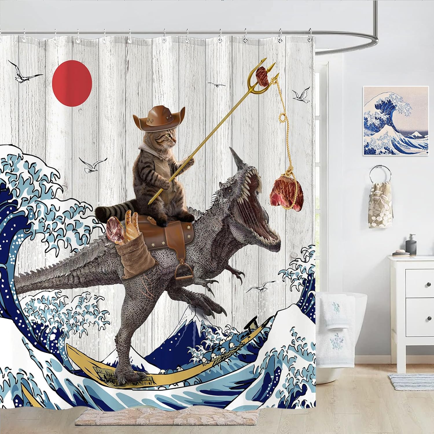 Fowocu Divertida cortina de ducha de dinosaurio con diseño de gato japonés con ondas oceánicas, cortinas de ducha de tela impermeable para baño de