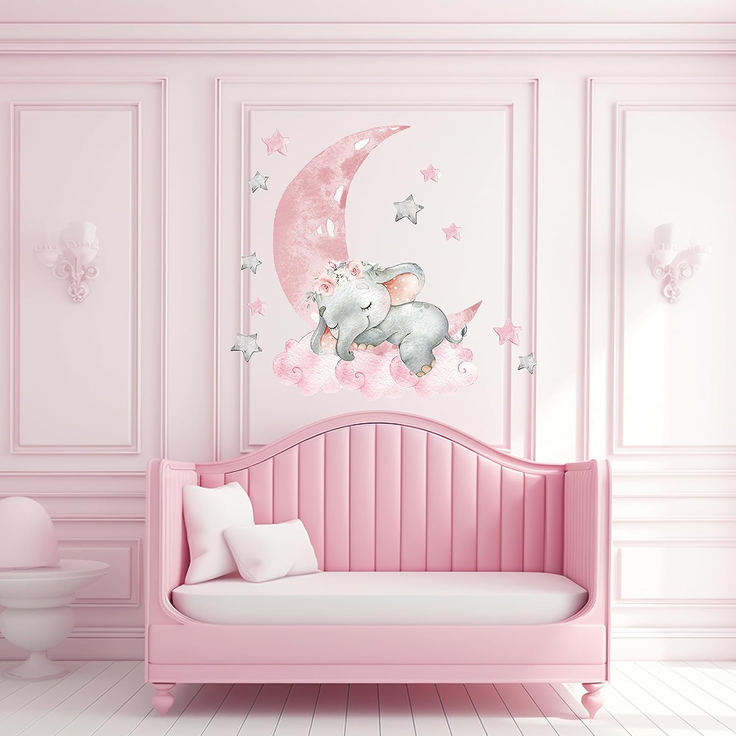 Lindas calcomanías de pared de elefante con luna rosa y estrellas, calcomanías de pared para guardería, habitación de niños, sala de estar,