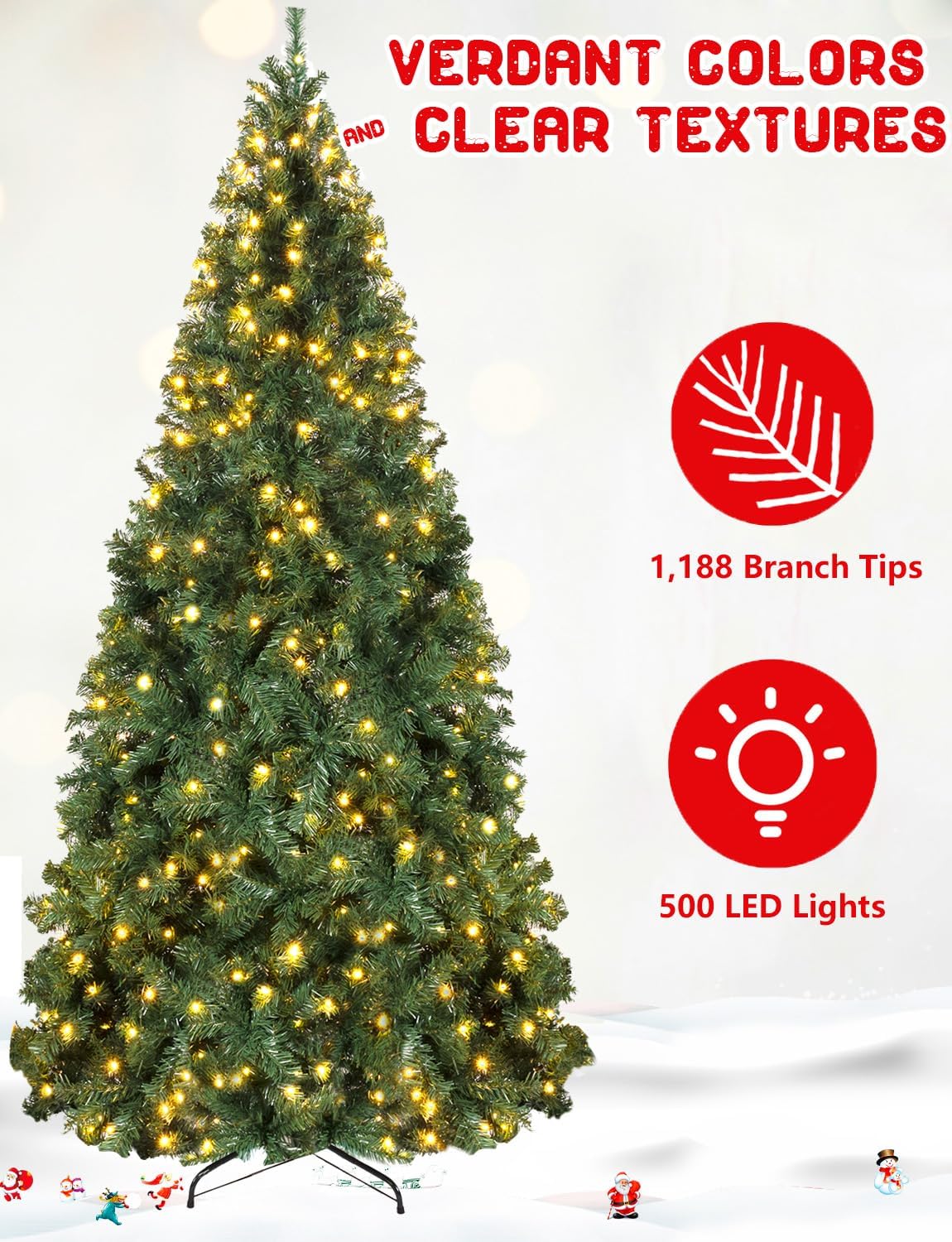 Árbol de abeto de Navidad artificial preiluminado de 7.5 pies con luces, árbol con bisagras de alta calidad para el hogar, oficina, decoración de