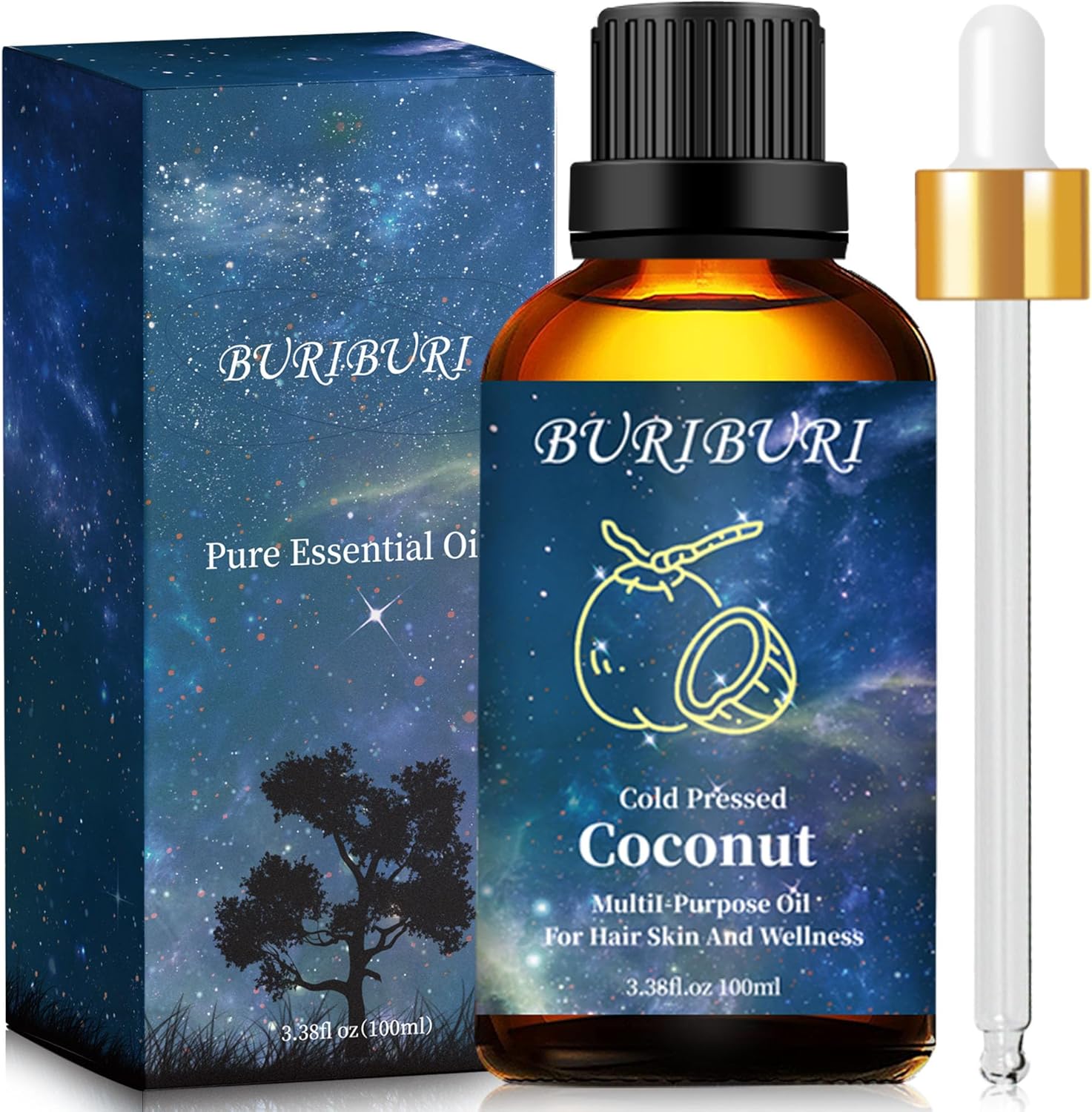 BURIBURI Aceite esencial de coco de 3.4 fl oz, aceite perfumado de grado prémium para difusores, masajes, fabricación de jabón
