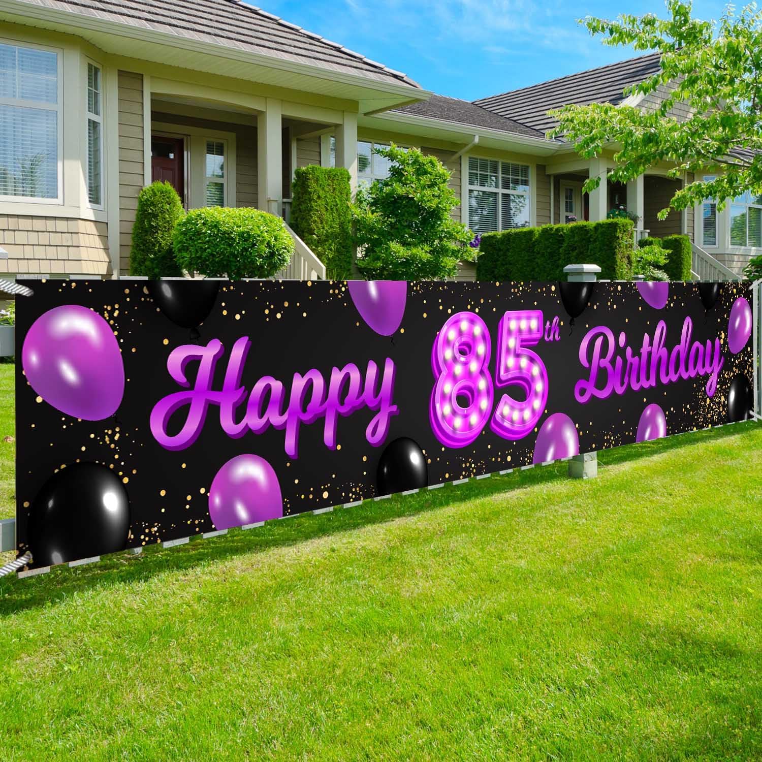 Cartel de feliz cumpleaños 85 morado y negro, decoración temática de globos de confeti para mujeres de 85 años, suministros de fiesta de cumpleaños,